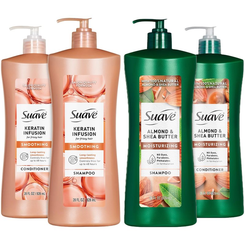 Suave Shampoo and Conditioner Set, Keratin Infusion + Almond & Shea Butter – Frizz Control and Moisturizing Hair Care Bundle, 28 Oz Ea (4 Piece Set)