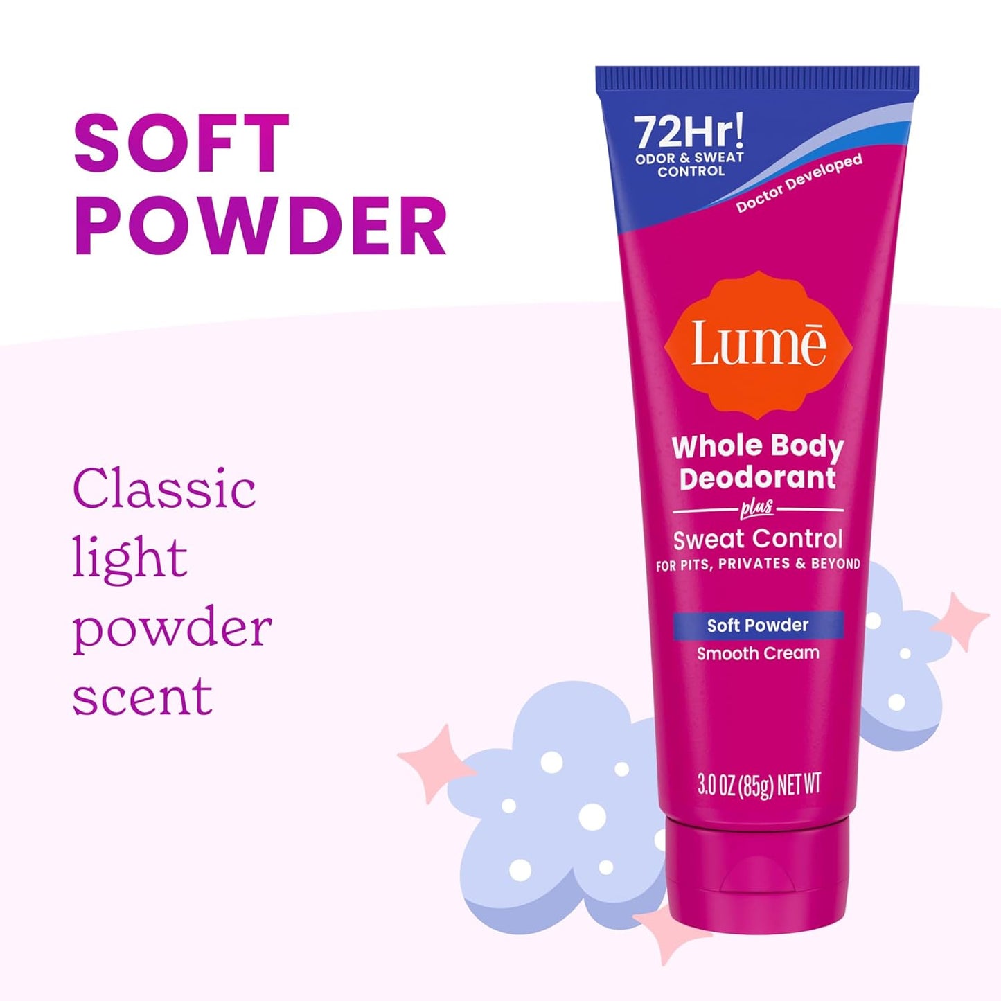Lume Whole Body Deodorant - 72-Hour Odor & Sweat Control Cream | Baking Soda Free, 3 oz (Pack of 2)