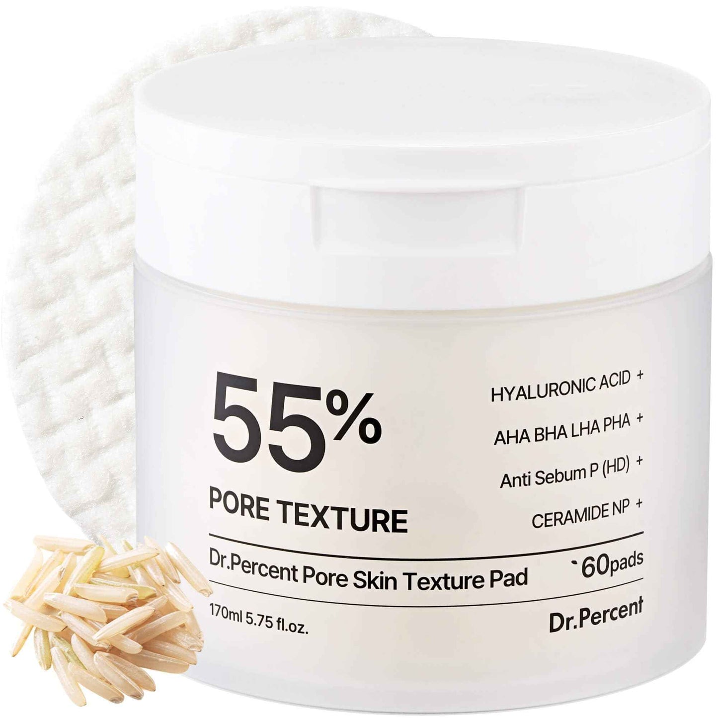 Dr.Percent Pore 55% Skin Texure Pad – AHA BHA LHA, Retinol & Rice Extract for Enlarged Pores, Textured Skin, Sebum Control, Exfoliating Toner Pads for Glass Skin, Non-Irritating, Korean Skincare(60ct)