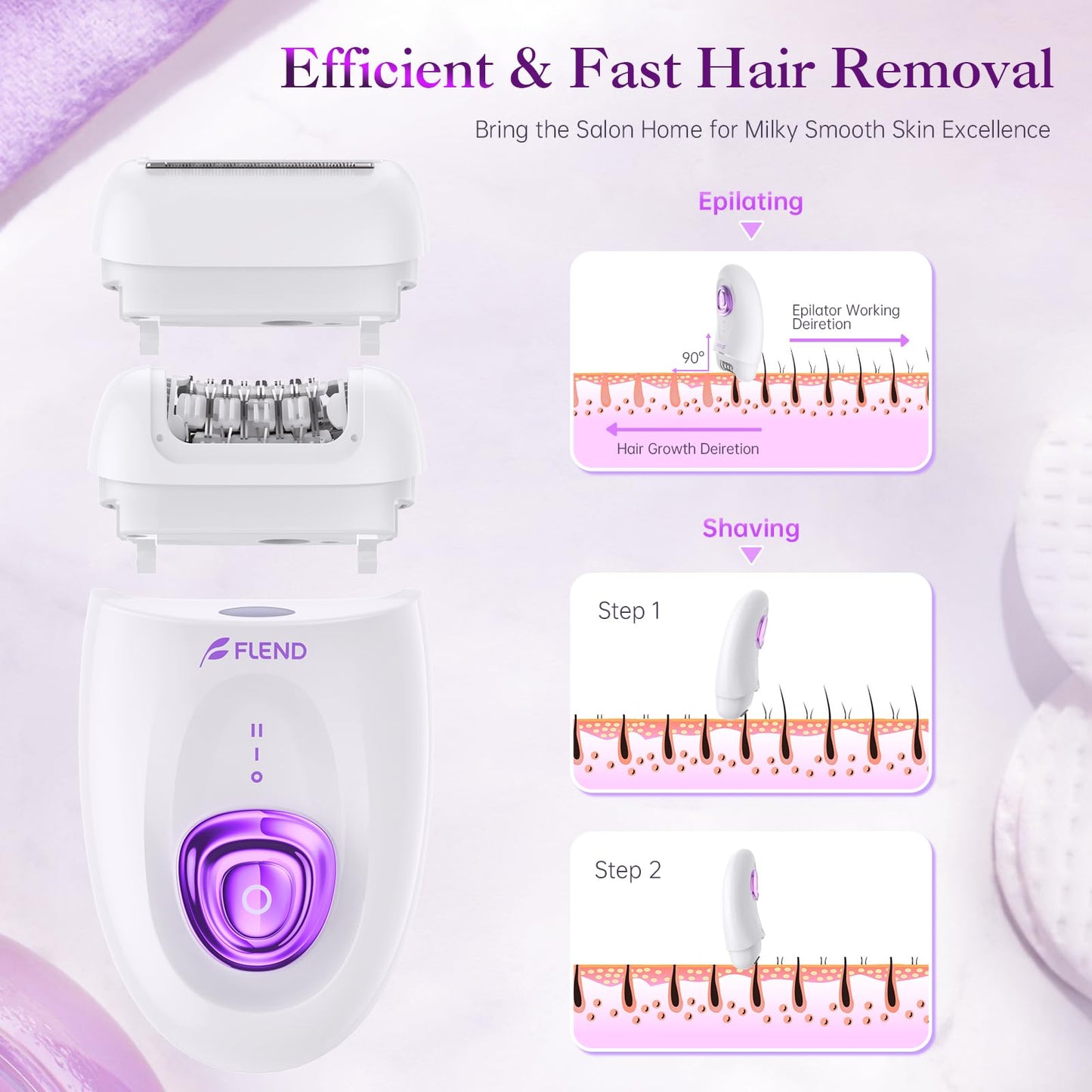 Epilator,Epilators Hair Removal for Women, 2 in 1 Hair Removal Device with LED Light & USB Rechargeable, Electric Shaver for Legs,Underarms,Bikini and Full Body, Purple