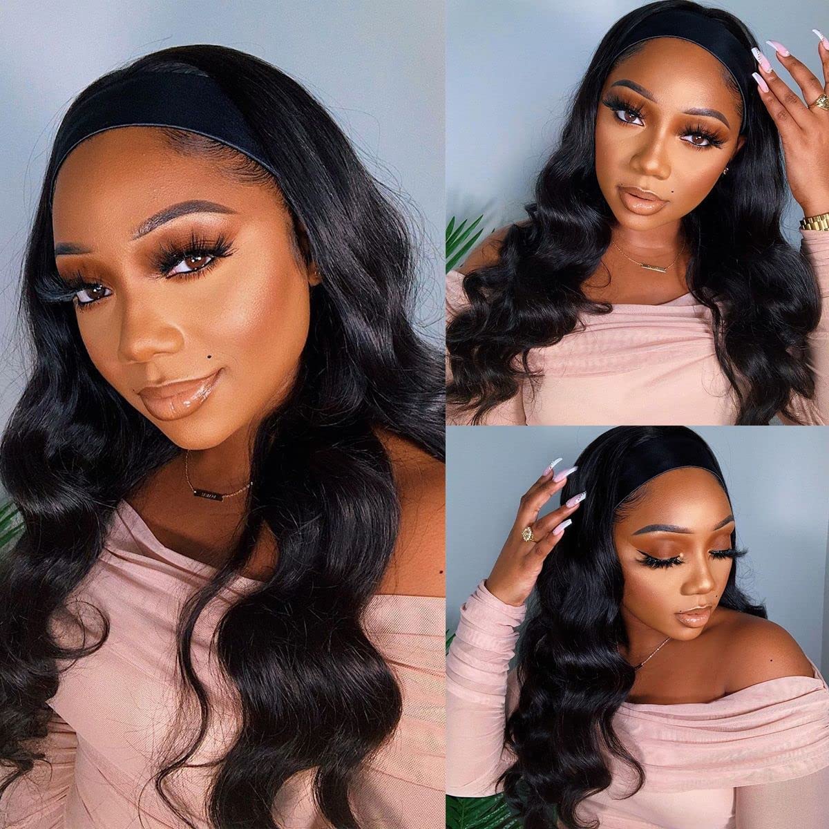 Headband Wig - Human Hair Body Wave for Black Women | 14 Inch Glueless, Natural Black, 150% Density