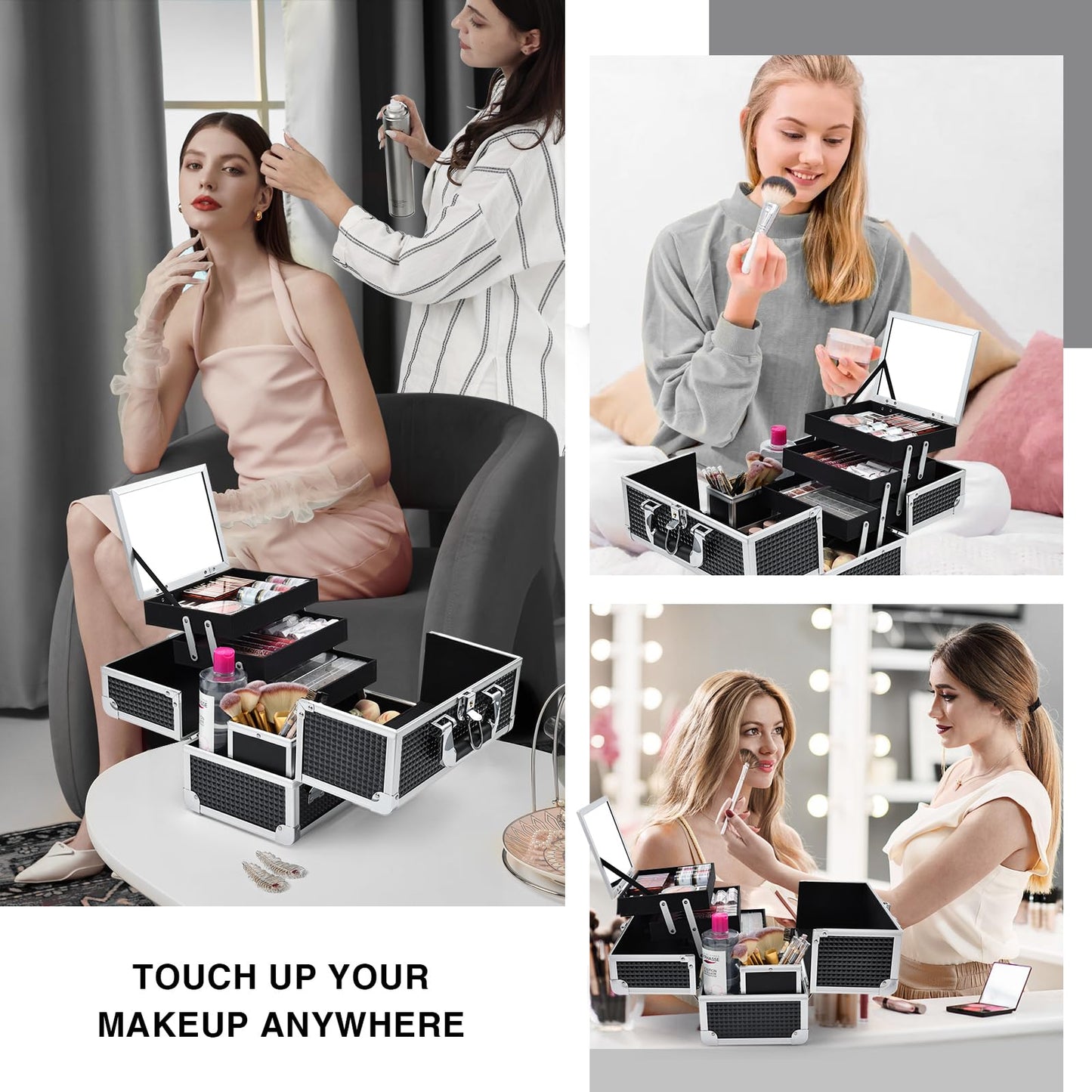 Joligrace Makeup Train Case Cosmetic Box 11.6 Inch Jewelry Organizer Professional 3 Tiers Trays with Mirror and Brush Holder Lockable Key Portable Travel - Rose Gold