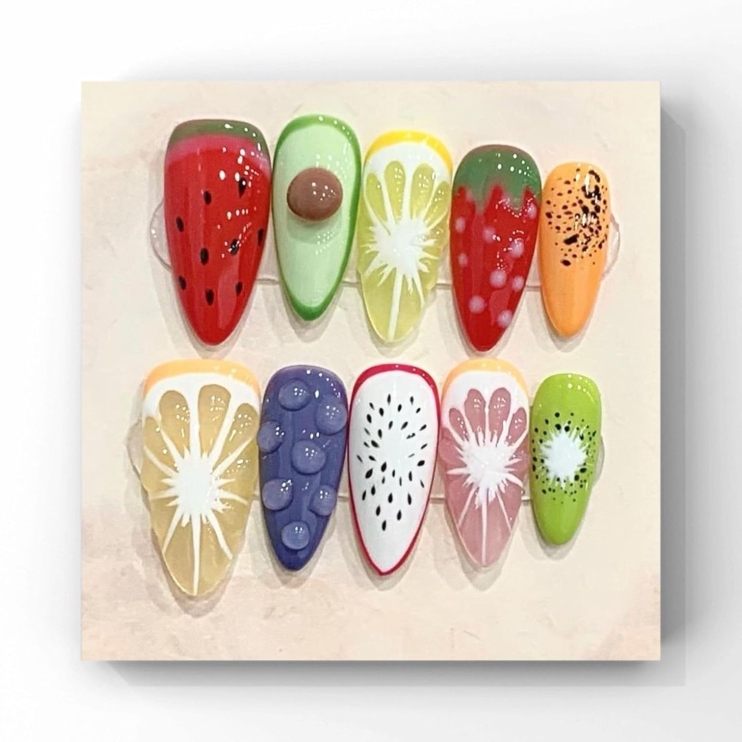 Handmade Press On Nails - 3D Fruit Design Medium Almond Tips, 10pcs Reusable Acrylic | Long-Lasting & Easy Fit