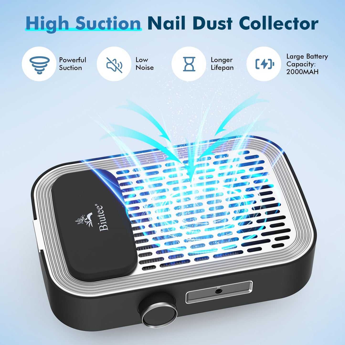 Rechargeable Nail Dust Collector, 80W Powerful Dust Suction Machine Vacuum Nail Fan Dust Collector with Adjustable Suction for Nail Salons & DIY Home