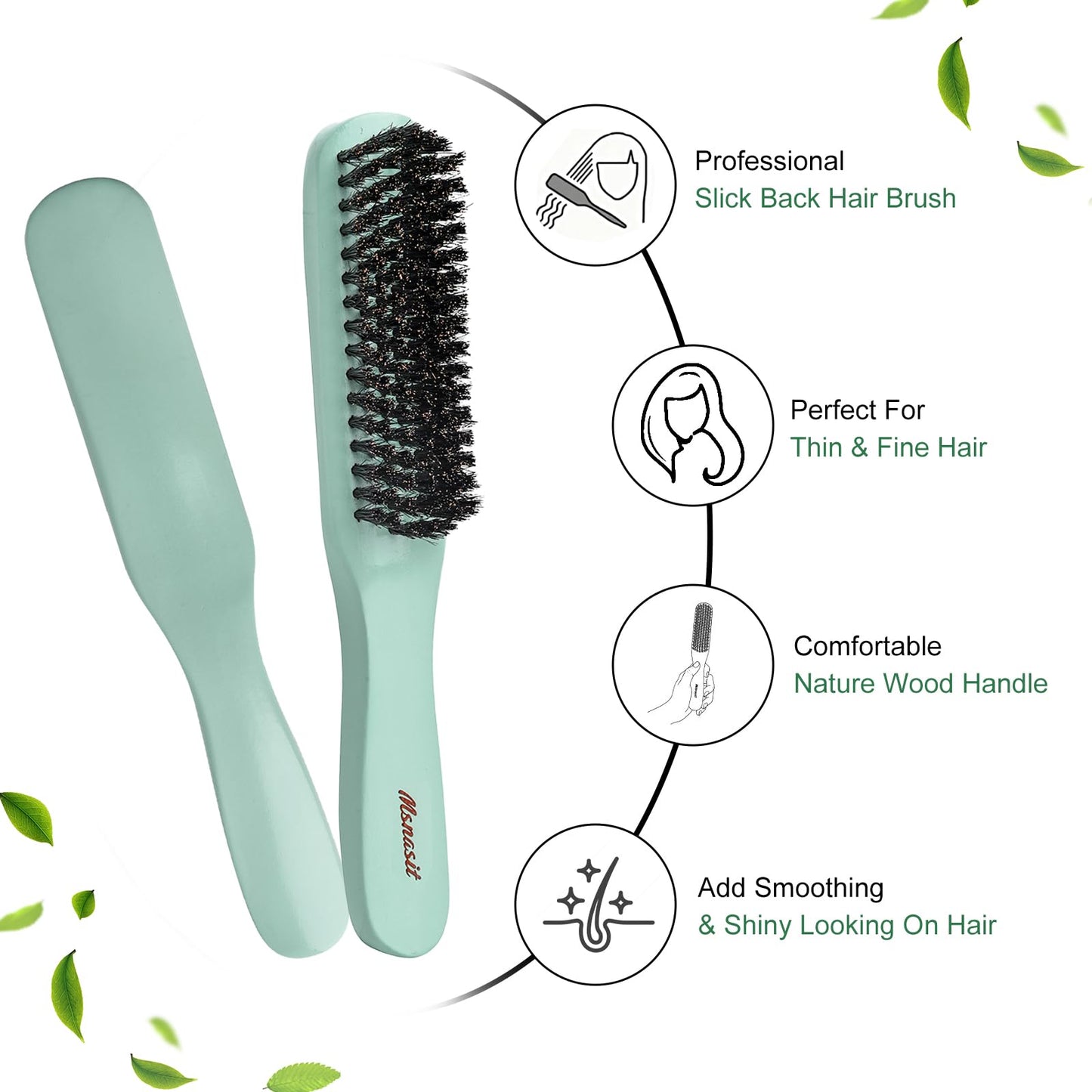 Slick Back Hair Brush, Professional Edge Control Brush, Middle Softness Boar Bristle Wooden Handle Hairbrush Smoothing Frizz & Flyaways, Natural Wood Comb for Thin and Fine Hair (Green)
