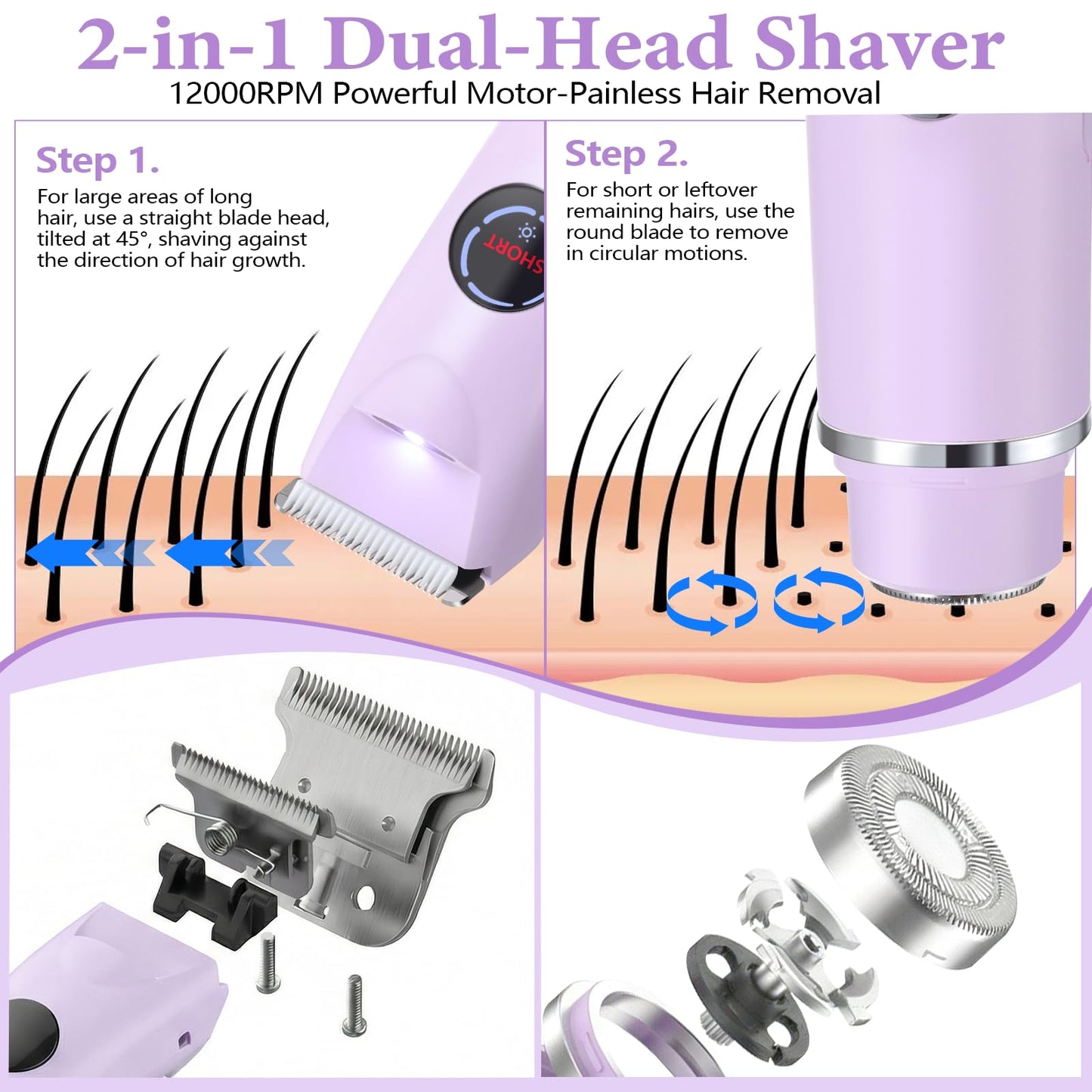 4-in-1 Bikini Trimmer for Women, 12,000 RPM Painless Electric Shaver for Women Pubic Hair Removal, IPX7 Waterproof with LED Light, Cordless Body Hair Trimmer for Bikini Area, Face, Arms & Legs