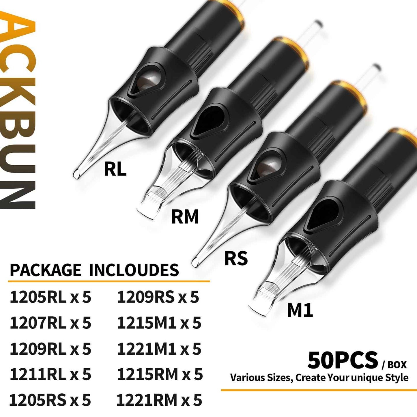Ackbun 50 Assorted Tattoo Cartridge Needles Mixed Size #12 Standard Round Liner Shader Magnum - 5Pcs each of 5RL, 7RL, 9RL, 11RL, 5RS, 9RS, 15M1, 21M1, 15RM, 21RM Pro Disposable Tattoo Needles