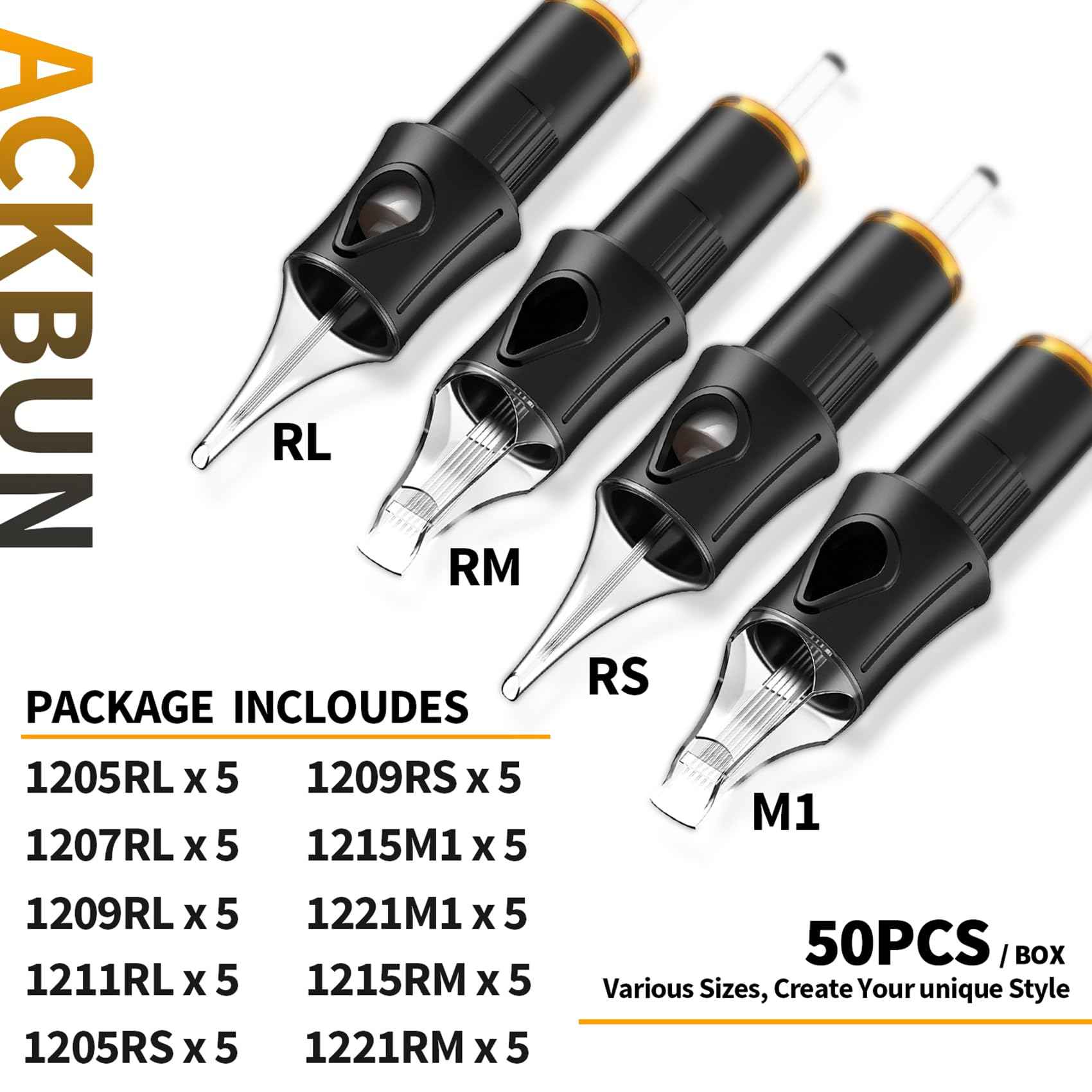 Ackbun 50 Assorted Tattoo Cartridge Needles Mixed Size #12 Standard Round Liner Shader Magnum - 5Pcs each of 5RL, 7RL, 9RL, 11RL, 5RS, 9RS, 15M1, 21M1, 15RM, 21RM Pro Disposable Tattoo Needles
