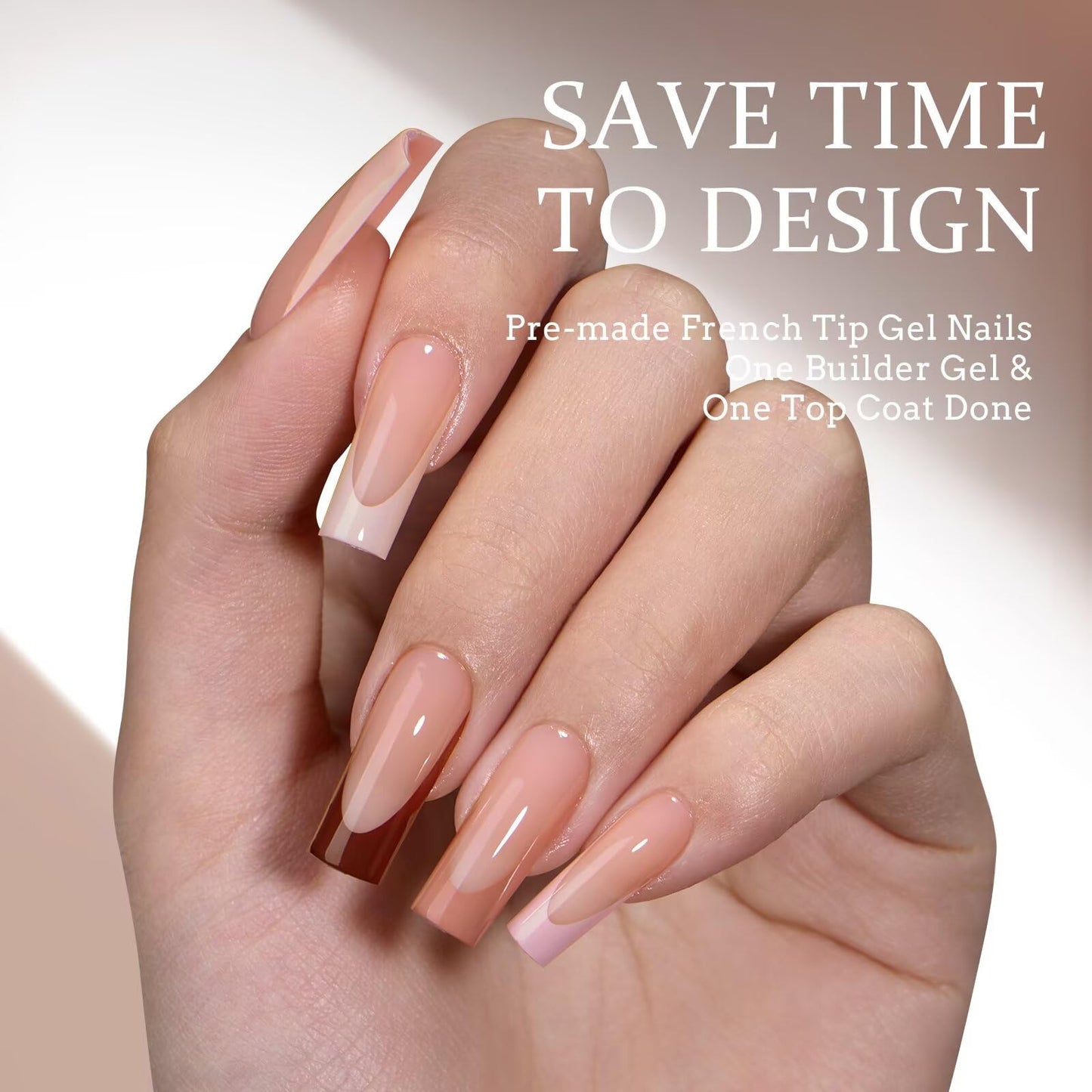 BTArtboxnails XCOATTIPS French Tip Nail Kit - Long Square Nail Tips Brown with Nail Gel, French Protecing Duo, Nail Lamp, Gel Nail Extension Kit