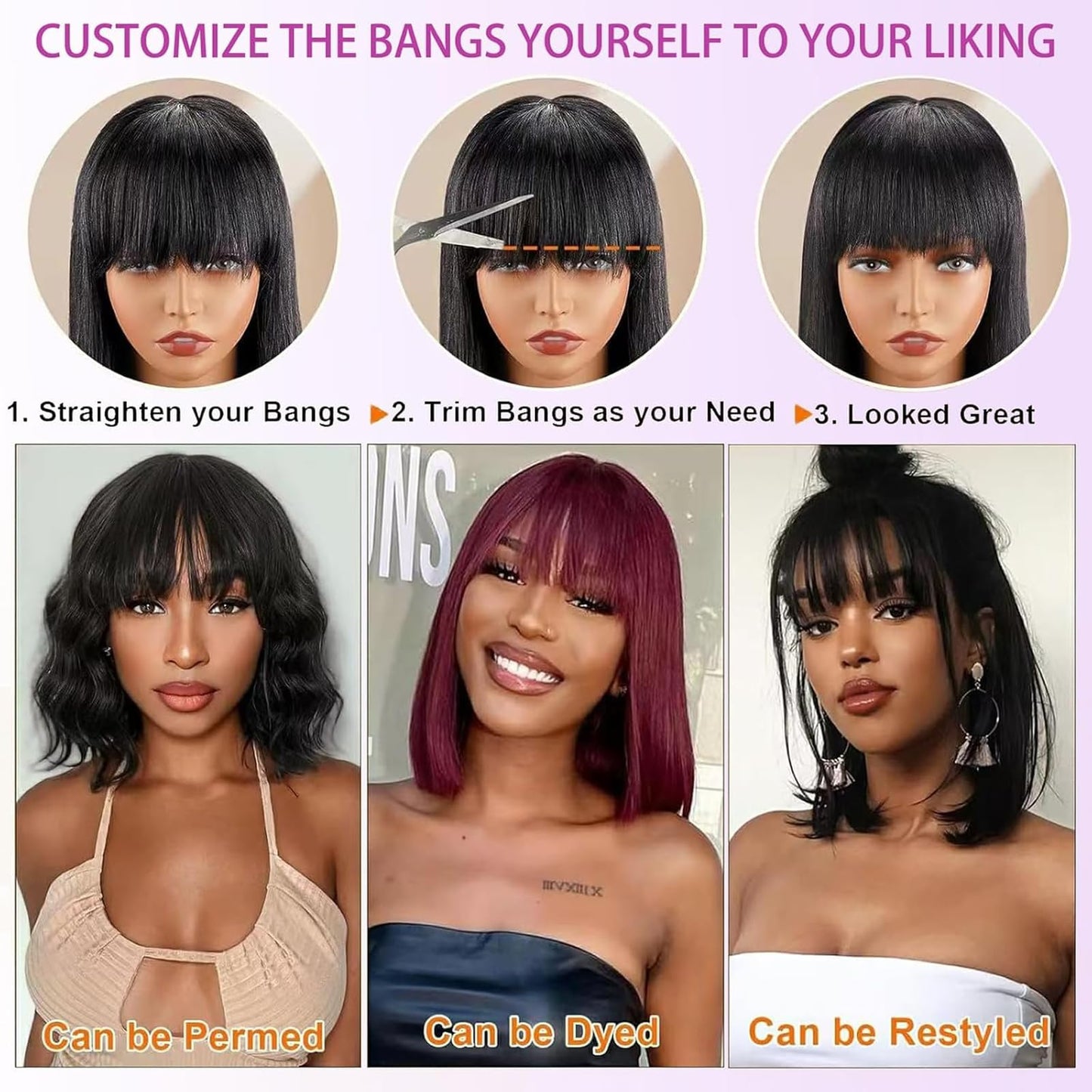 Lusina Bob Wig Human Hair With Bangs Glueless 2x4 HD Lace Colsure Wigs, Ready to Go Short Wigs For Women Beginner Friendly (Black, 10 Inch)