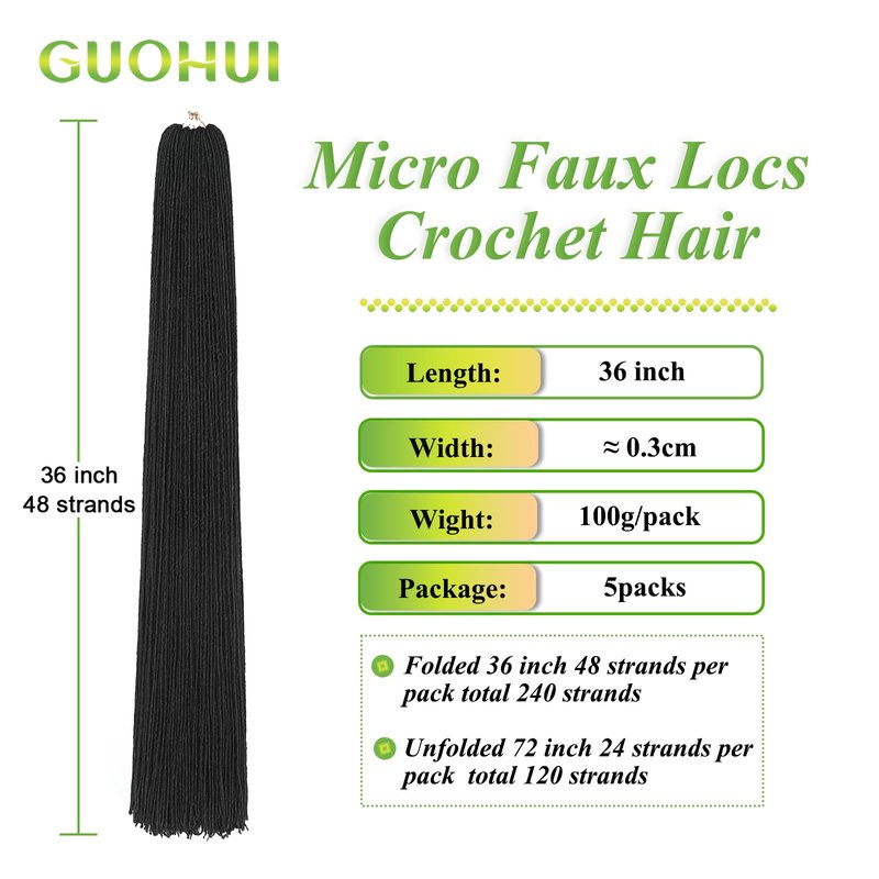 GUOHUI Micro Faux Locs Crochet Hair, 36 Inch 5 Packs Color Natural Black DIY Braids Straight Styles (36",1B)