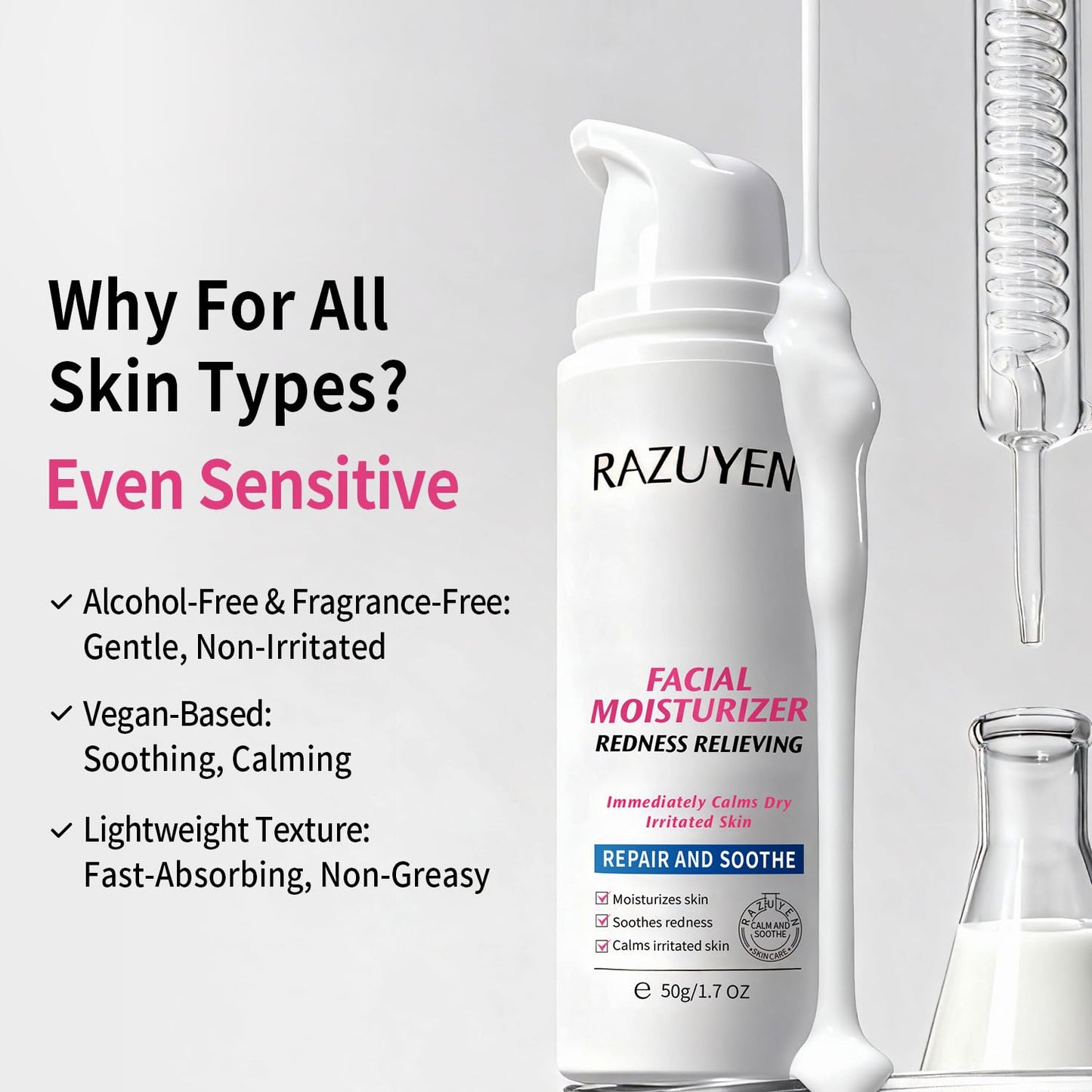 RAZUYEN Panthenol Cream, Soothing Face Repair Cream for Sensitive Skin, Fragrance Free, Non-Comedogenic, Hypoallergenic, Ceramide Moisturizer for Calming and Hydrating Skin, 1.7 Oz