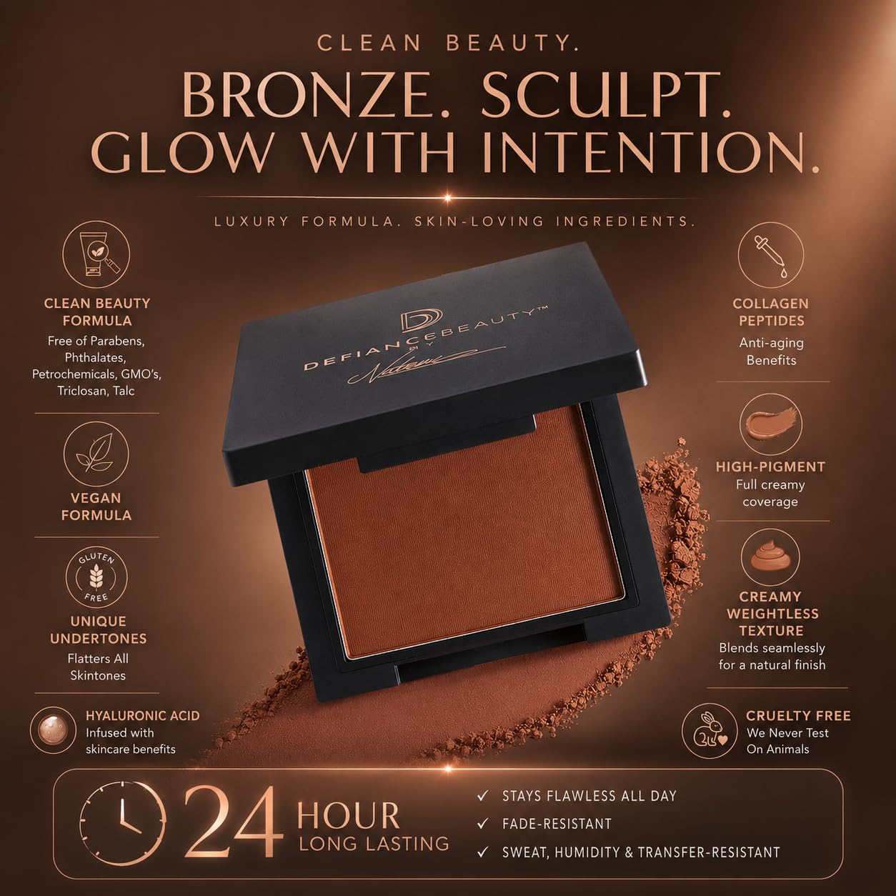 Defiance Beauty Immortal Envy Satin Sovereign Bronzer – Velvety-Matte, Rich Chocolate, Buildable, Long-Lasting, Vegan & Cruelty-Free, Infused with Collagen Peptides & Hyaluronic Acid for Radiant Skin