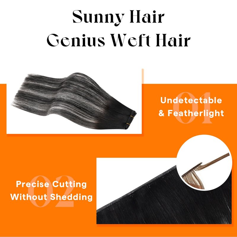 Sunny Hair 70G Seamless Genius Sew in Hair Extensions Hand Tied Weft Salt and Pepper Hair Extensions Natural Black Ombre Silver Grey Long Silky Straight All-Day Wear 20 Inch