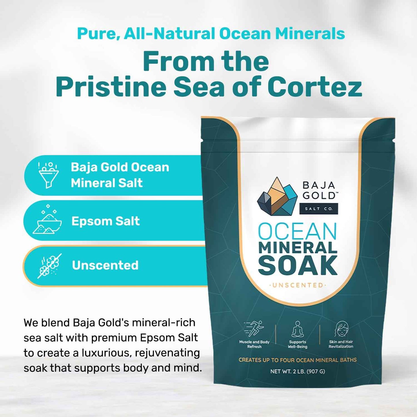 Baja Gold Ocean Mineral Soak – Natural Magnesium Bath Soak & Trace Elements | Relaxing, Clean Ingredient Soak for Bath, Muscles, Relaxation & Skin Care | Pure, Vegan, 2 Lb Resealable Bag, Unscented