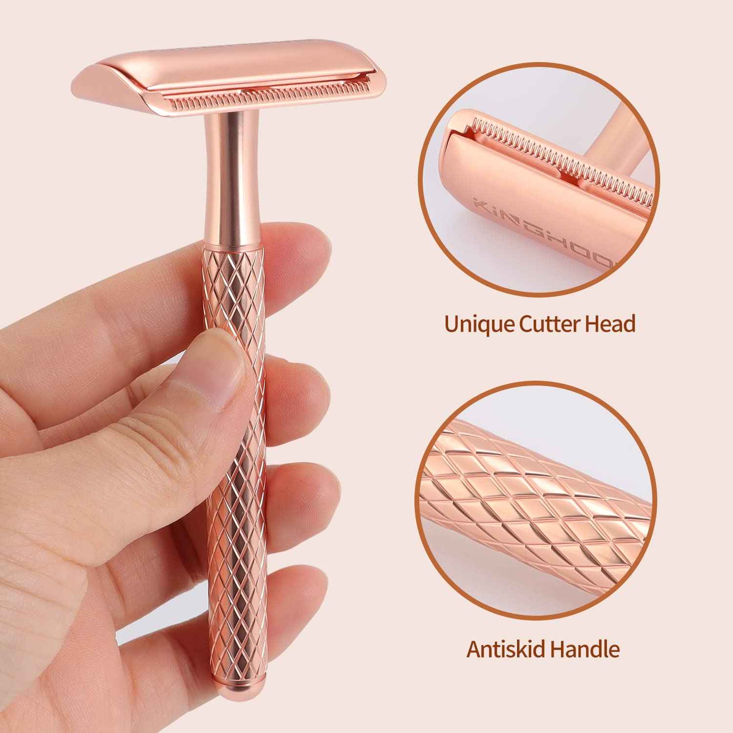 KINGHOOD Safety Razor for Men and Women - Double Edge Razor With 10 Reusable Blades (Rose Gold)