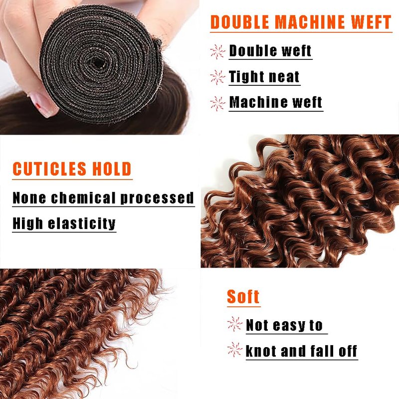 Deep Wave Human Hair Bundles Light Brown 16 18 20 Inch Color #30 Brown Bundles Human Hair Unprocessed Native Virgin Hair 100/PC 3 Extensions Wet and Wavy Human Hair Extensions for Women