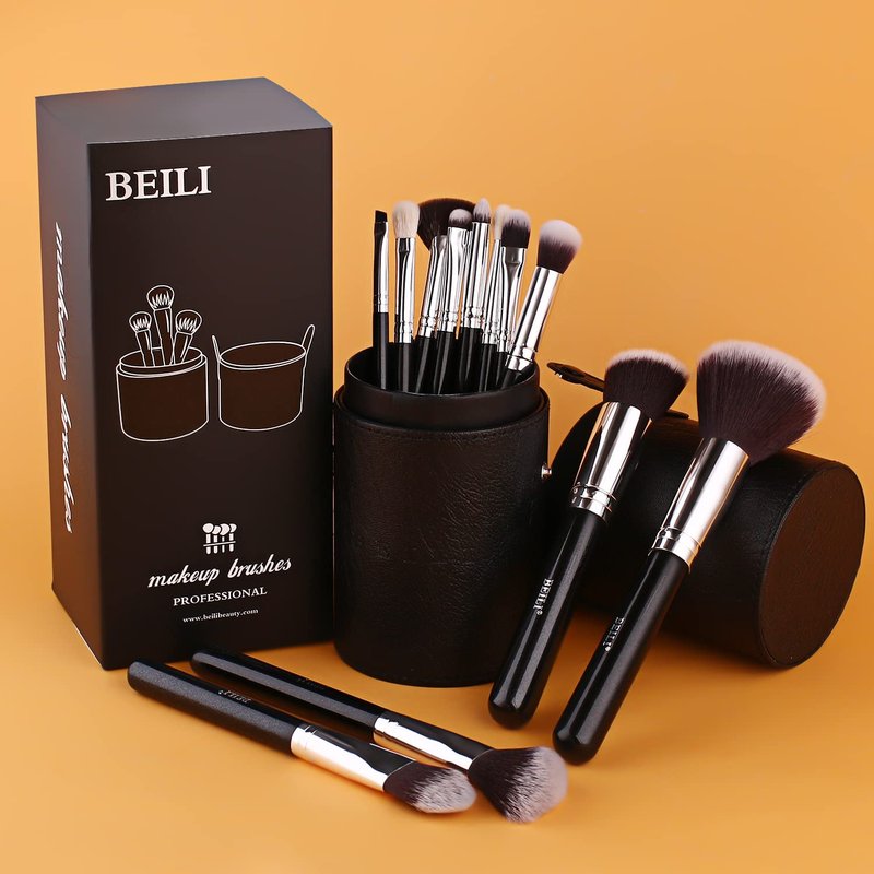 BEILI Makeup Brushes Set - 12 Premium Synthetic Kabuki Brushes for Full Face Makeup | Gift Box Included (Black)