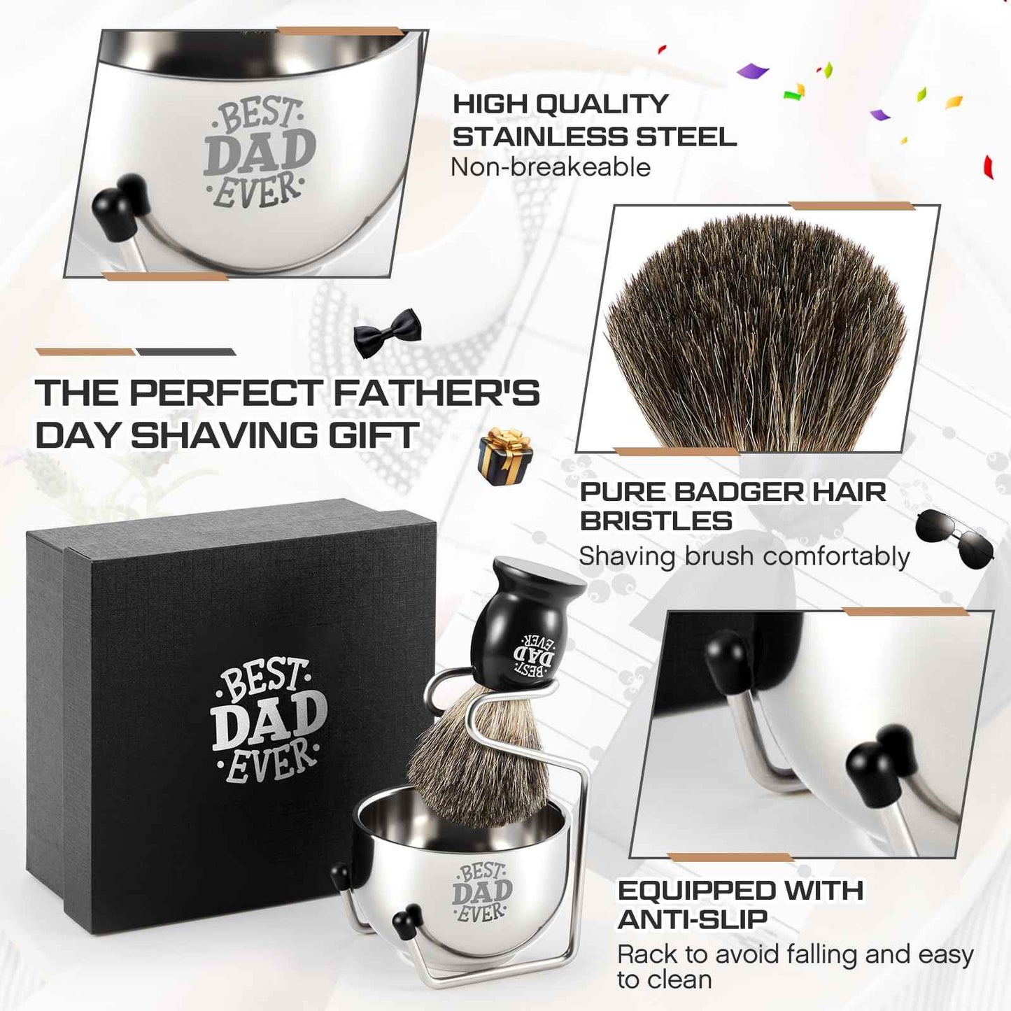 Reallnaive Best Dad Ever Gifts, Shaving Brush Kit for Father, 3 in 1 Shaving Set for Men's Birthday Gift from Daughter Son, Includes Badger Hair Shave Brush, Bowl and Stainless Steel Stand