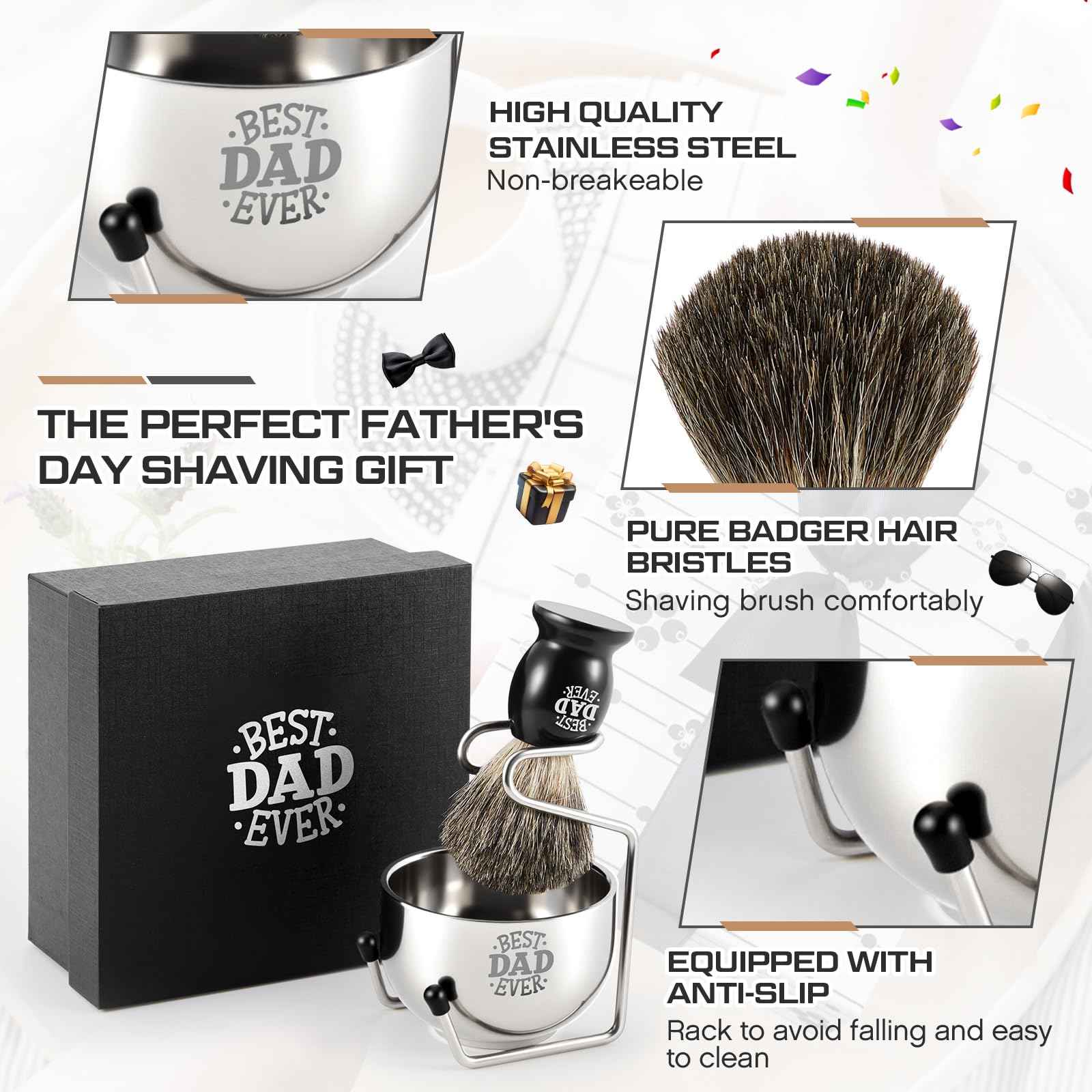 Reallnaive Best Dad Ever Gifts, Shaving Brush Kit for Father, 3 in 1 Shaving Set for Men's Birthday Gift from Daughter Son, Includes Badger Hair Shave Brush, Bowl and Stainless Steel Stand