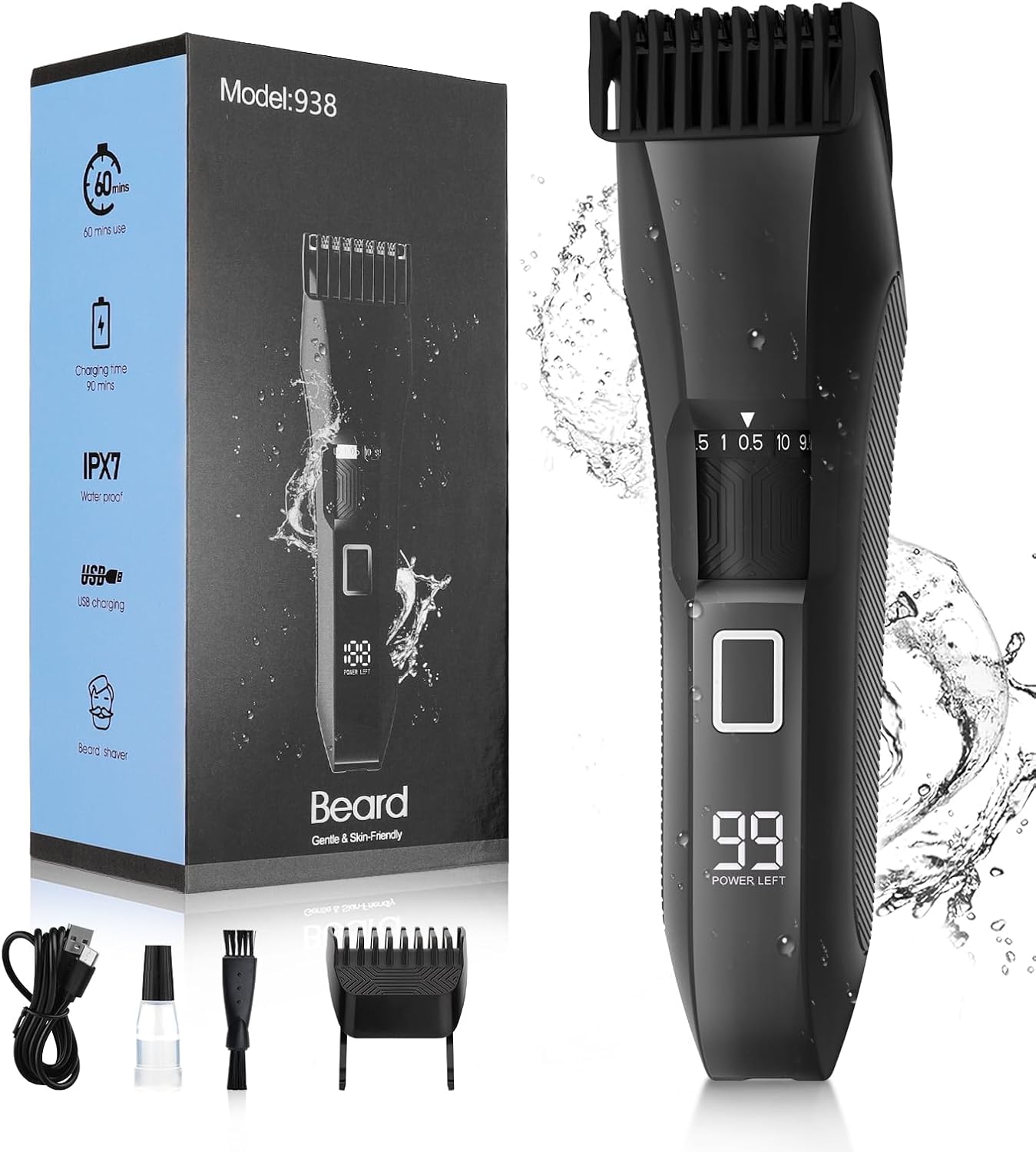 Beatslm Beard Trimmer for Men - Cordless Waterproof Clippers with Adjustable Length & Stainless Steel T-Blade | 2 Guide Combs, LED Display