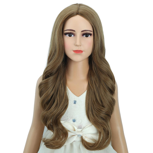 Edivd Ginger Wig for Kids Children Long Light Brown Wavy Curly Wig Girls Long Ginger Middle Part Wigs Heat Resistant Synthetic Wigs with Cap