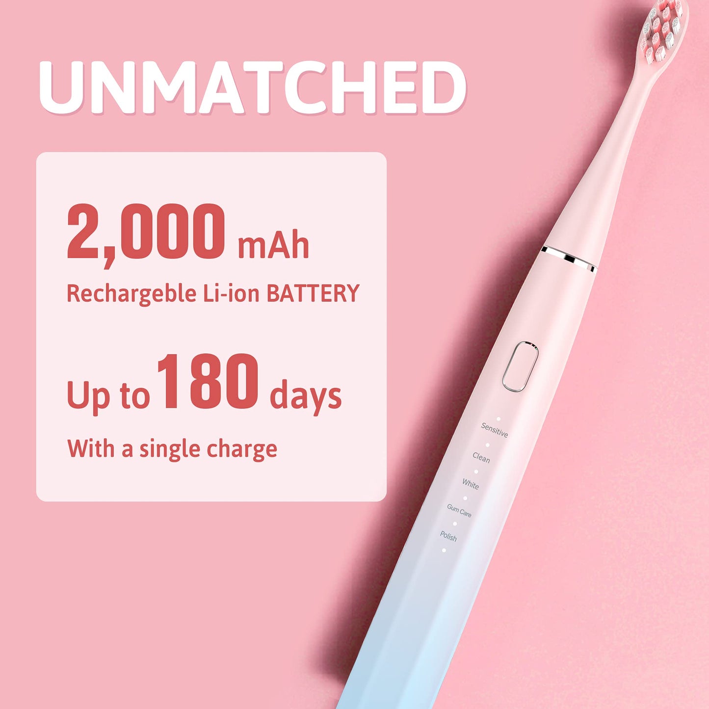 Oday N9000 Sonic Electric Toothbrush, 90% End-Rounding, 10 YR Warranty, 2,000 mAh Battery (180 Days), IPX7 Waterproof, 43,000 VPM (2nd Gen. 3S Sonic Motor), 5 Modes with Smart Timer, 6 Brush Heads
