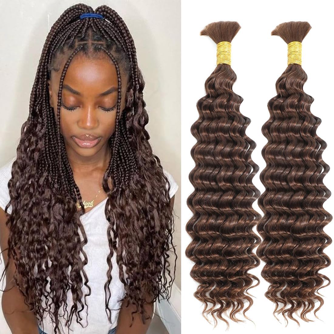 #4 Braiding Hair Deep Wave Bulk Chocolate Brown Boho Braids Human Hair for Braiding 2 Pcs Total 100g 18 Inch Chocolate Brown Color #4 Bulk Bundles Brazilian Virgin