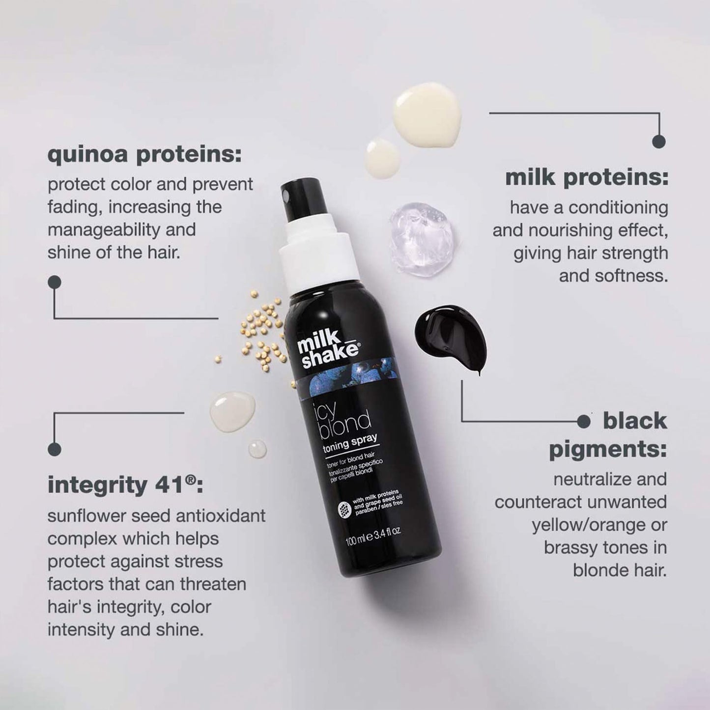 milk_shake icy blond toning spray | leave-in toner with black pigment to cool brass and refresh icy tones in platinum blonde hair | adds softness, shine, and detangling | 3.4 fl oz / 100 mL