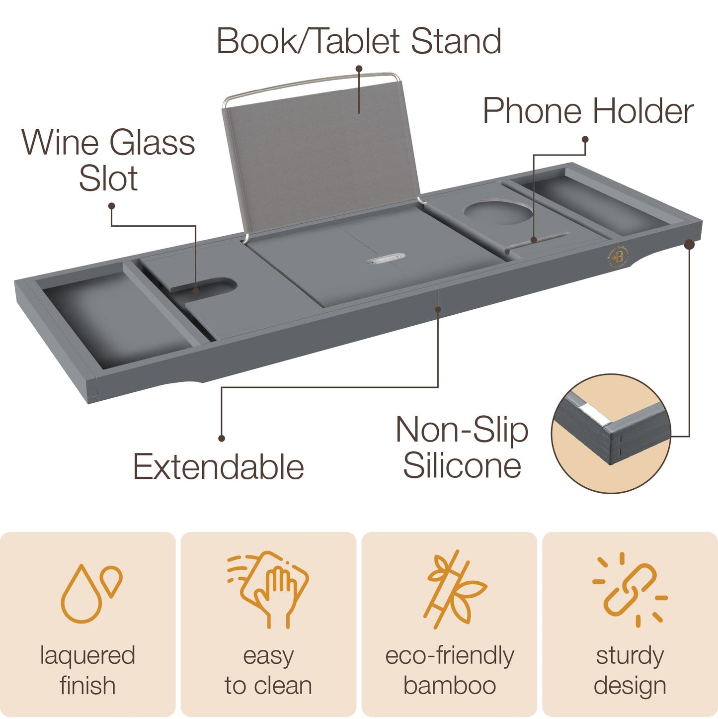 Bamboo Bathtub Tray Caddy - Expandable Wooden Bathroom Tray - Adjustable Bathroom Tray for Tub - Luxury Bath Caddy Tub Table - Gift Idea for Loved Ones (Grey)