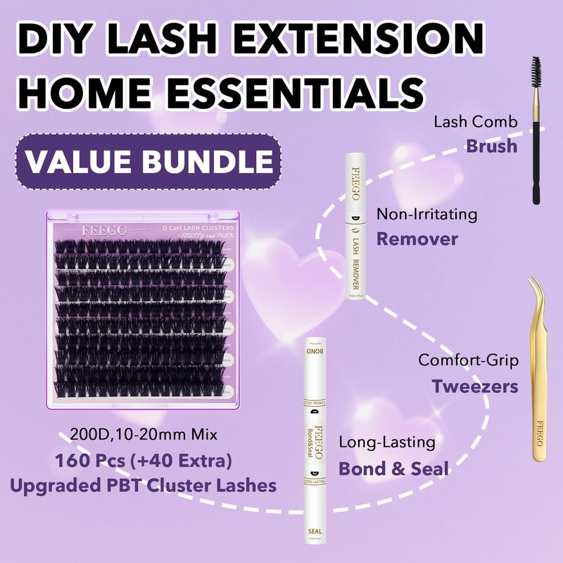 FEEGO Lash Extension Kit 100D/ 200D Fluffy 10-20MM D Curl Lash Clusters Eyelash 160pcs Extension Kit Individual Double headed mascara brush and Seal Lash Remover Lash (200D LASH KIT)