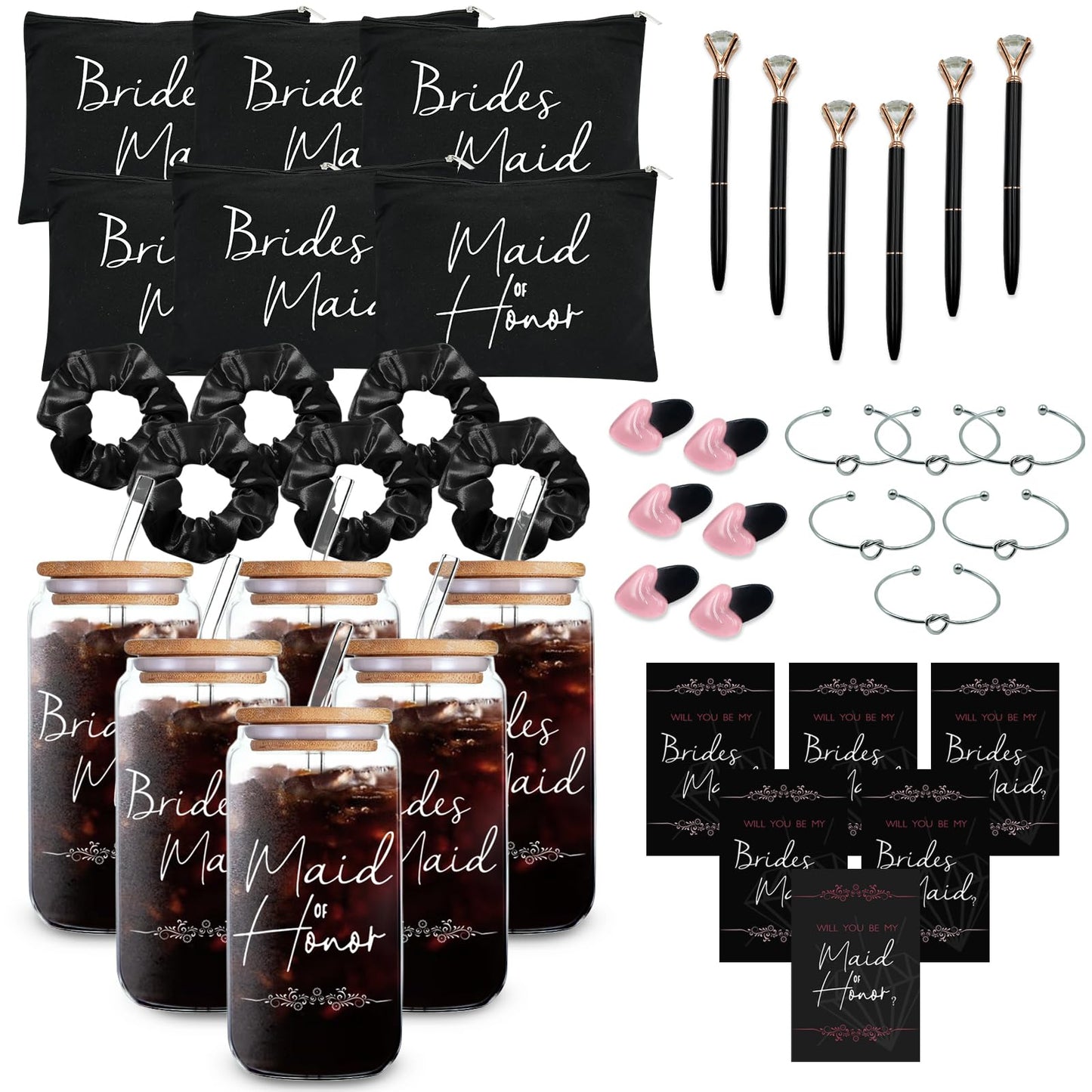 KIKINIKO 56 pcs Bridesmaid Gift Set, Pink: 16oz Glass Cups, Makeup Bags, Invitation Cards, Scrunchies, Hair Bracelets, Diamond Pens, Love Clips - Perfect for Bridesmaids or Special Occasions