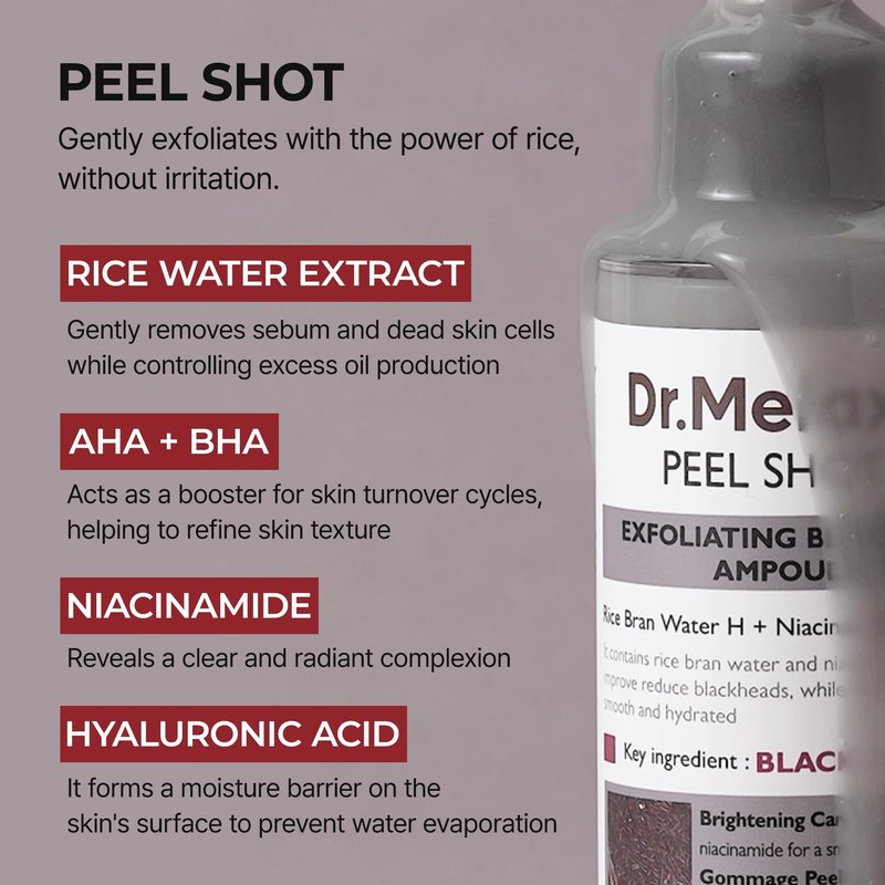 Dr.Melaxin Peel Shot Exfoliating Black Rice Ampoule 2.7 fl.oz - Rice Water AHA BHA Niacinamide Serum for Dead Skin Cells, Blackheads and Pores, Glass Skin Glow, Korean Skin Care Exfoliant