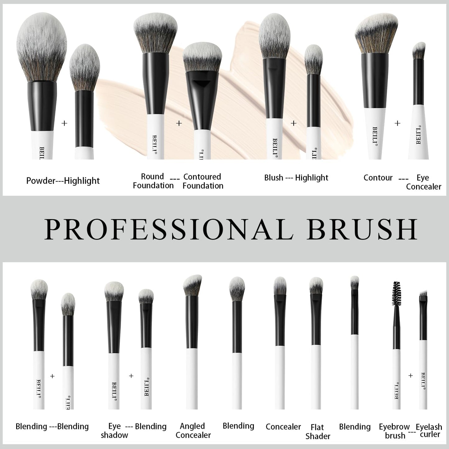 Double-Sided Makeup Brush Set - 12 Multi-Use Brushes for Contour, Foundation, Eyeshadow & More | Black & White Travel Kit