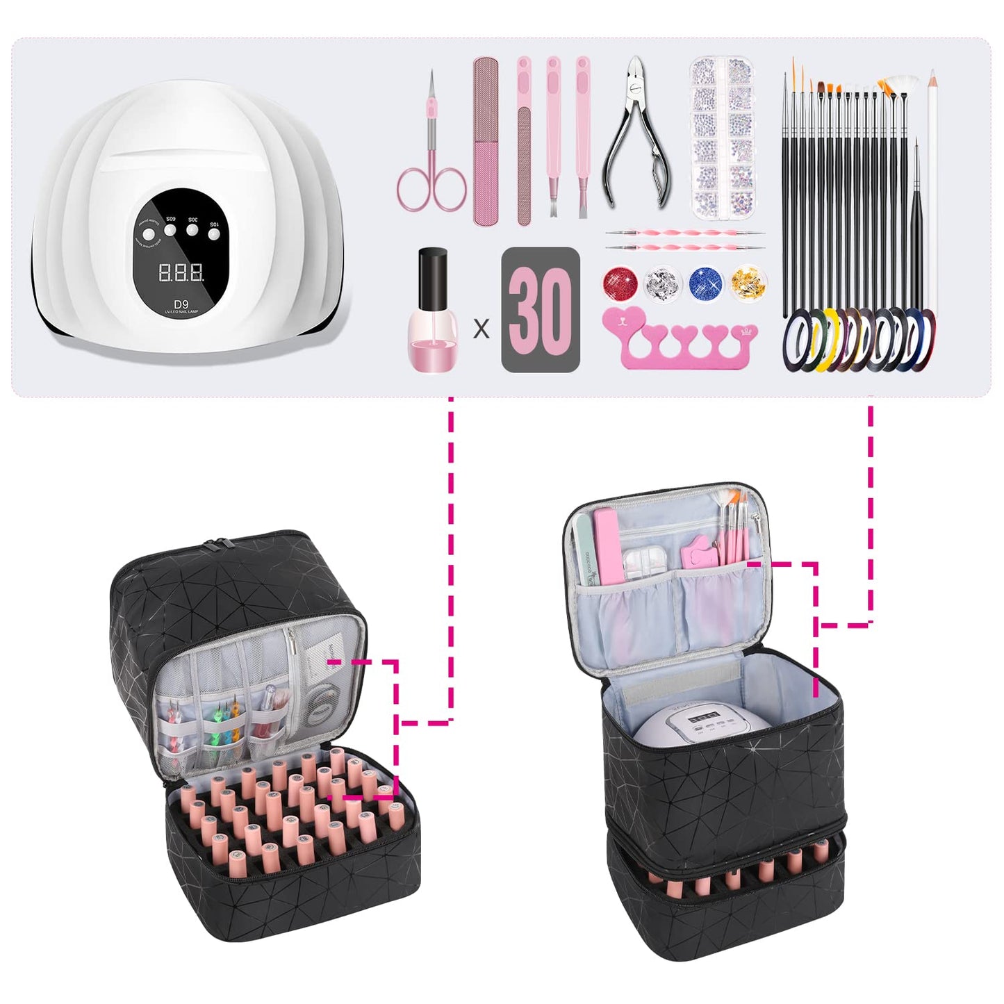 Nail Polish Storage Organizer - Double Layer Gel Nail Polish Bag | Holds 30 Bottles, Portable Compartment Case, Black