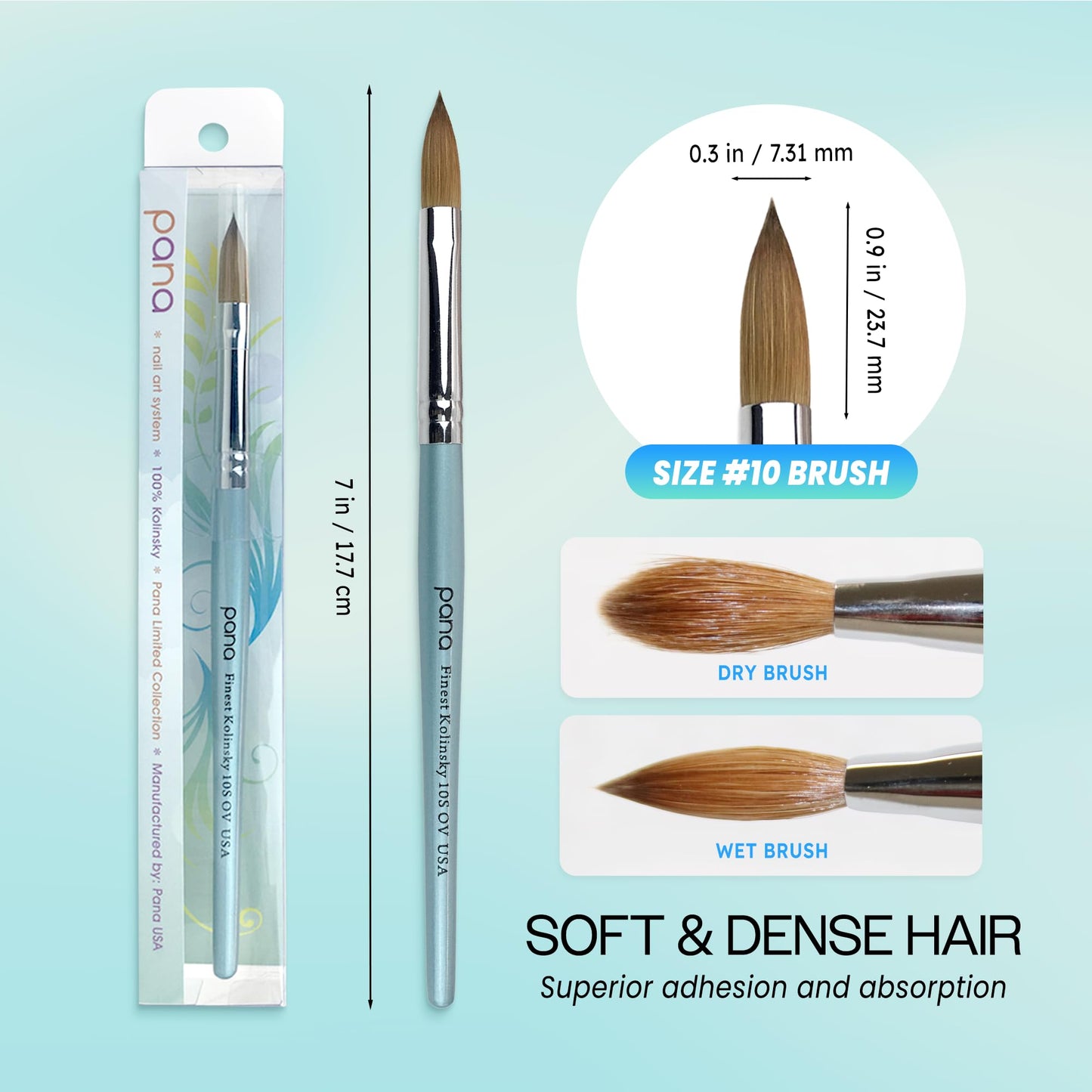 pana USA Acrylic Nail Brush100% Pure Kolinsky Hair New Teal Wood Handle with Silver Ferrule Oval Crimped Shaped Style (Size # 10)
