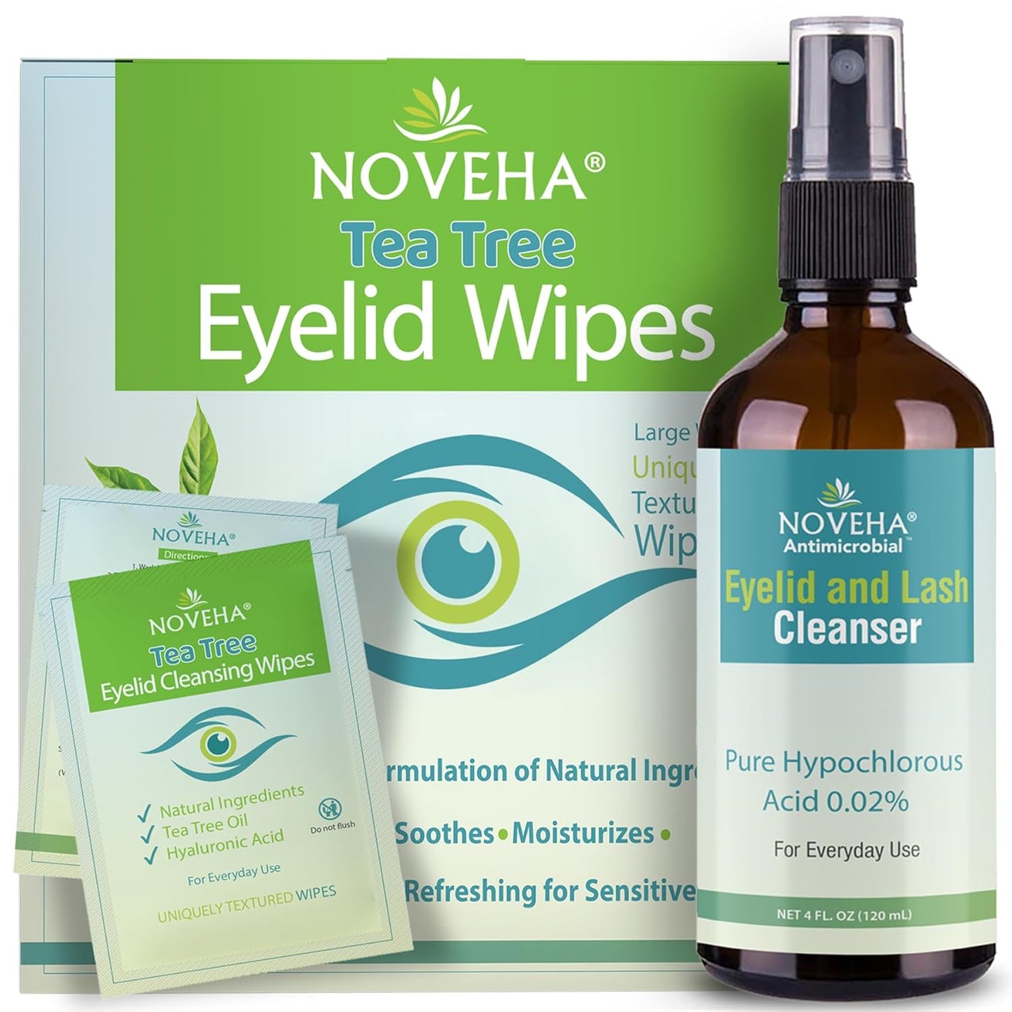 Eyelid & Lash Hygiene Bundle - Tea Tree Oil Wipes (60 Ct) + Hypochlorous Acid Spray (4oz) | Gentle Cleanser for Styes & Dry Eyes
