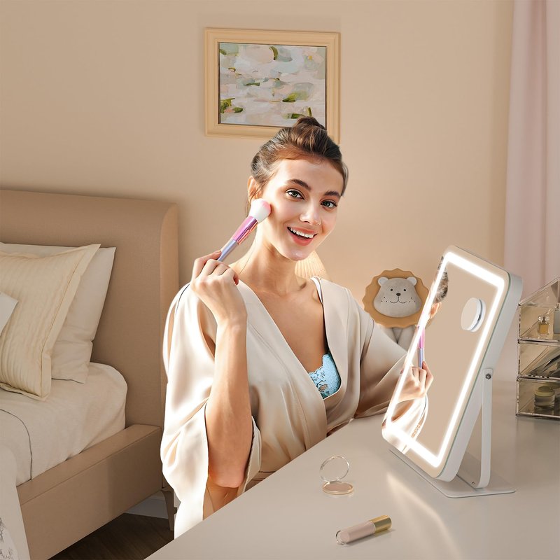 Hasipu Makeup Vanity Mirror with Lights, 12" L x 14" W LED Tabletop Make up Mirror for Desk, Lighting & Brightness Adjustment, 360°Rotation, 10x Magnification