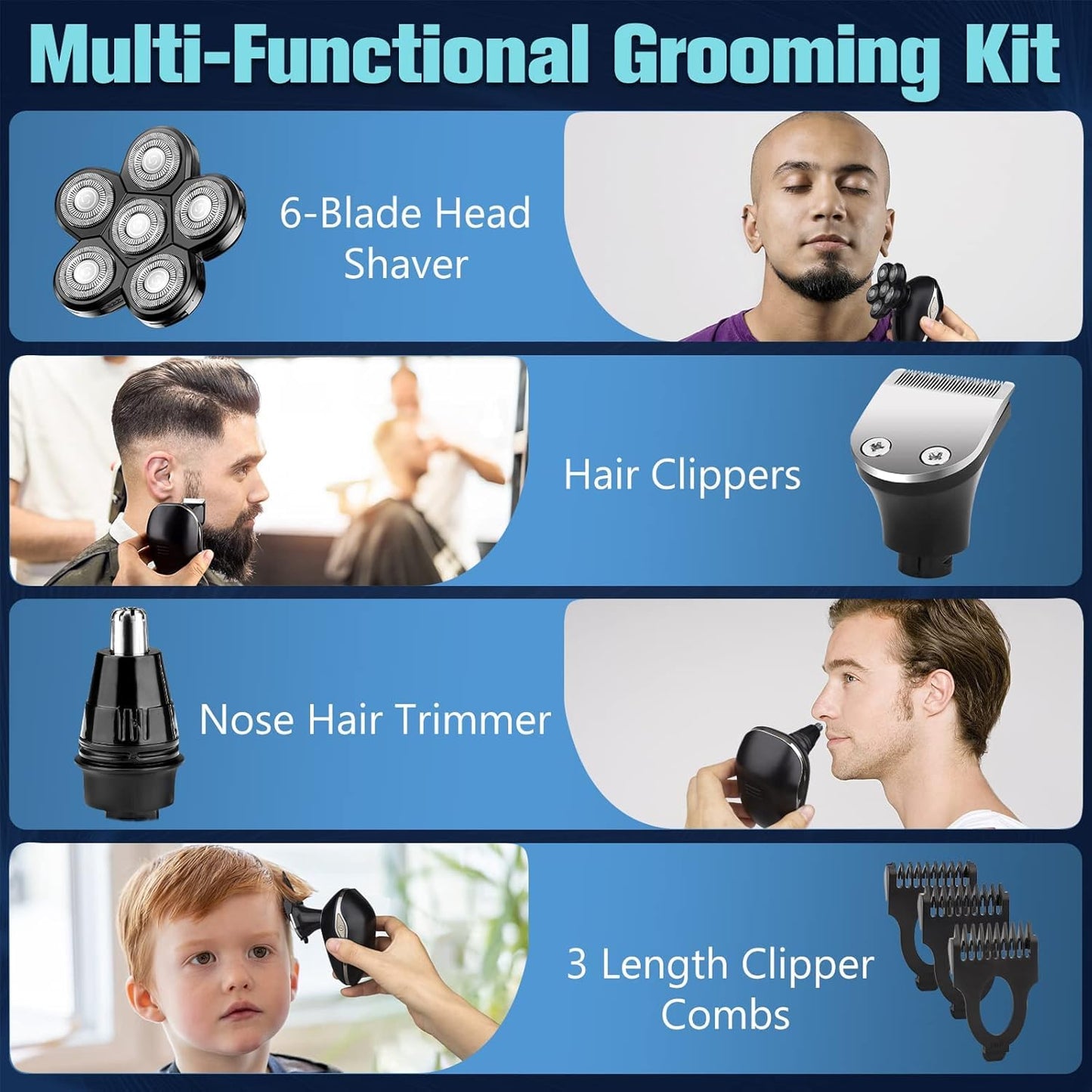Sakioo Head Shaver, Upgrade 6 in 1 Electric Head Shaver for Bald Men, IPX7 Waterproof Cordless Rotary Razor with LED Display, Face Head Shaver with Nose Hair Sideburns Trimmer