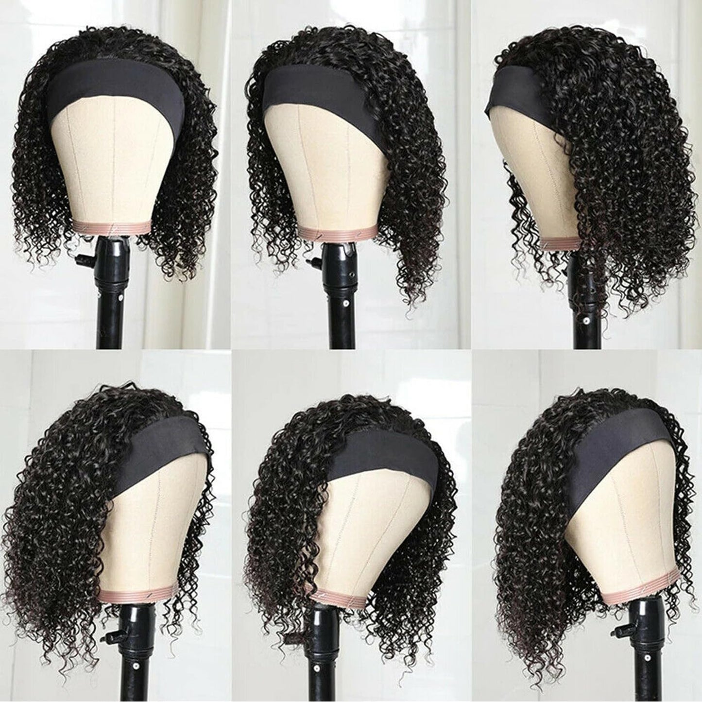 Youngirl Deep Wave Headband Wig Human Hair 14 Inch Curly Headband Wigs for Black Women Human Hair Glueless None Lace Front Wigs Brazilian Virgin Hair Wig Machine Made 150% Density Natural Black Color