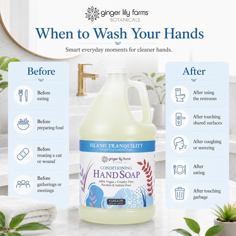 Ginger Lily Farms Botanicals All-Purpose Liquid Hand Soap Refill, Island Tranquility, 100% Vegan & Cruelty-Free, Green Tea Lemongrass Scent, 1 Gallon (128 fl oz)