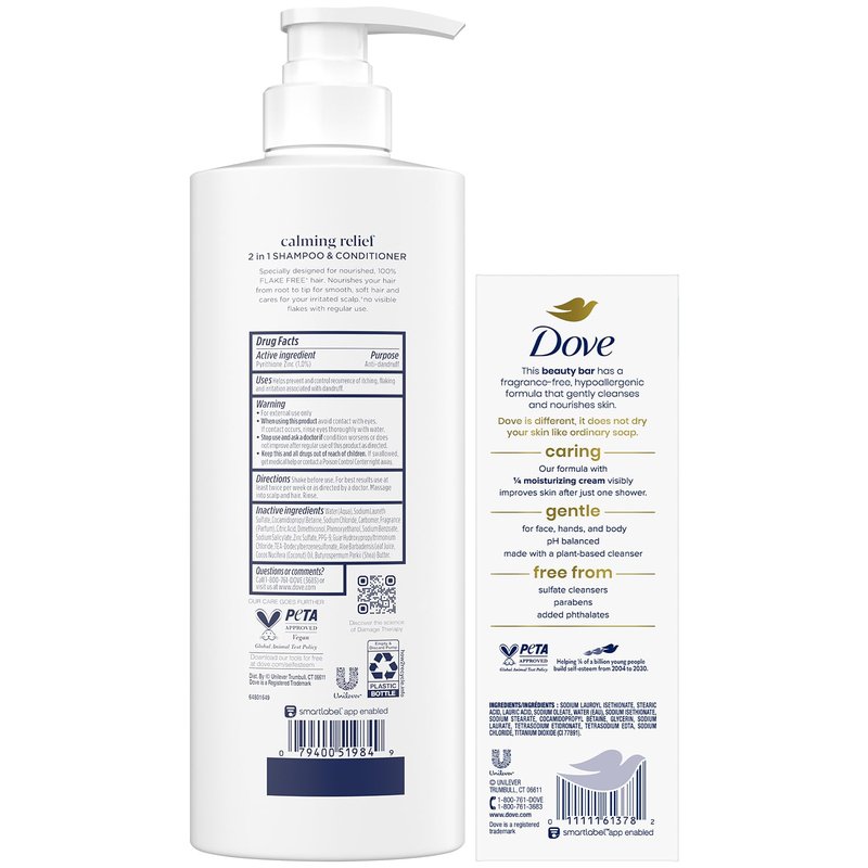 Dove Dandruff Shampoo & Conditioner 2-in-1, DermaCare Calming Relief with Pyrithione Zinc + Beauty Bar Soap for Sensitive Skin 8-Pack – Relief for Itchy Scalp and Dry Skin (9 Piece Set)