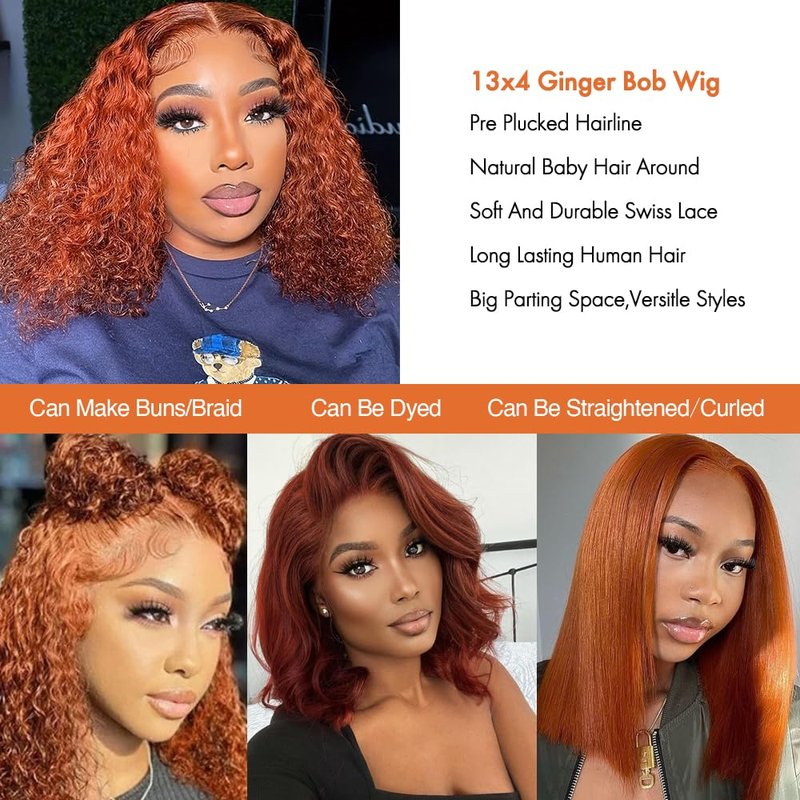 GOLFMAX 8-Inch Curly Bob Wig - Ginger Lace Front Human Hair | Water Wave, Pre-Plucked 13x4