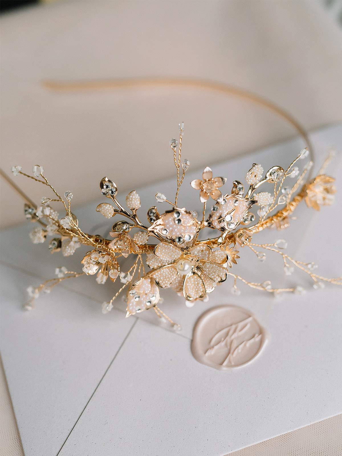 SWEETV Flower-Leaf Bridal Headband Gold Crystal Tiara for Women Pearl Wedding Headpieces for Bride Hair Accessories for Prom Birthday Party