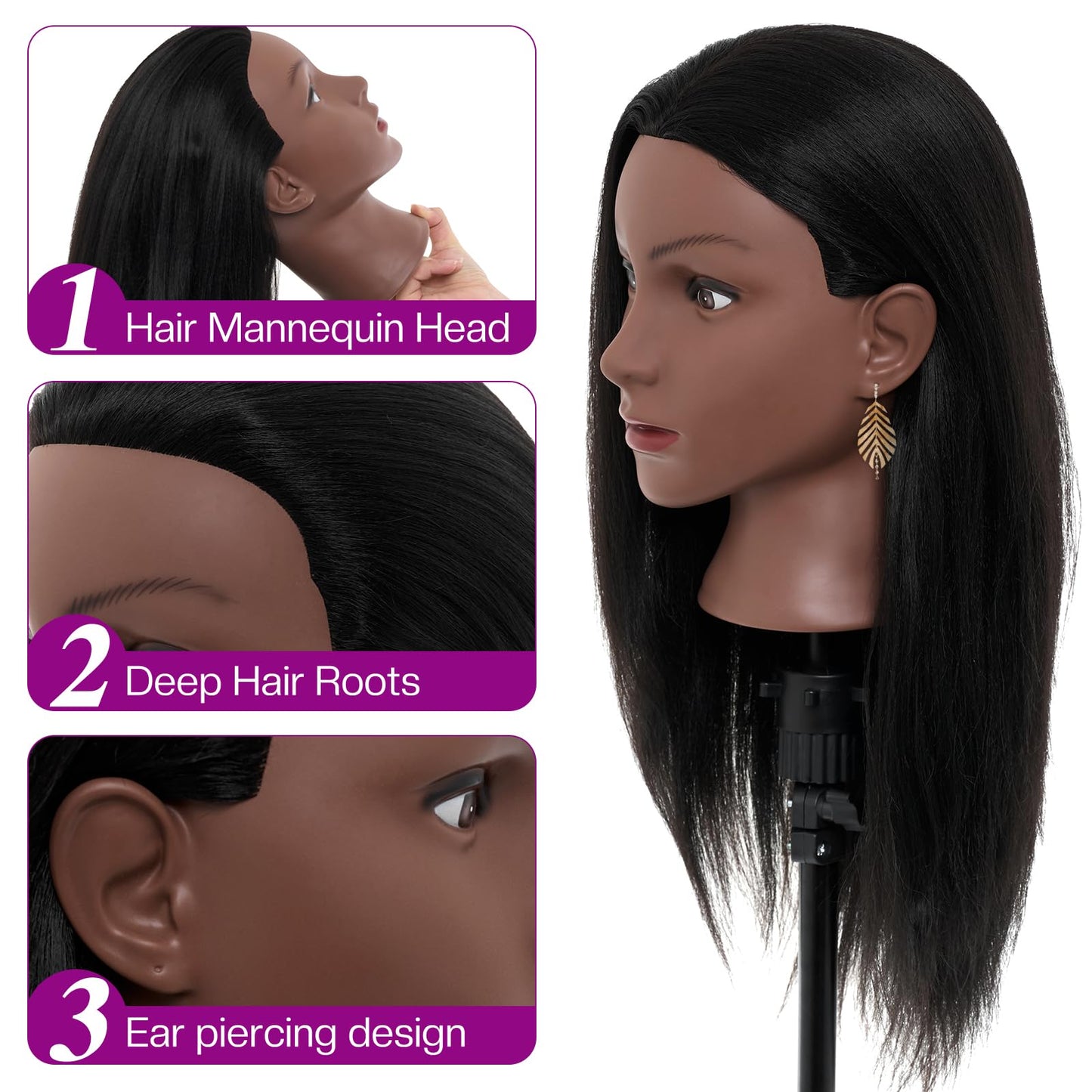 20-22 Inch Mannequin Head Human Hair with Stand,100% Real Human Hair Mannequin Head for Braiding,Cosmetology Manikin Doll Head for Styling with Table Clamp Hair Braiding Set(Brown)
