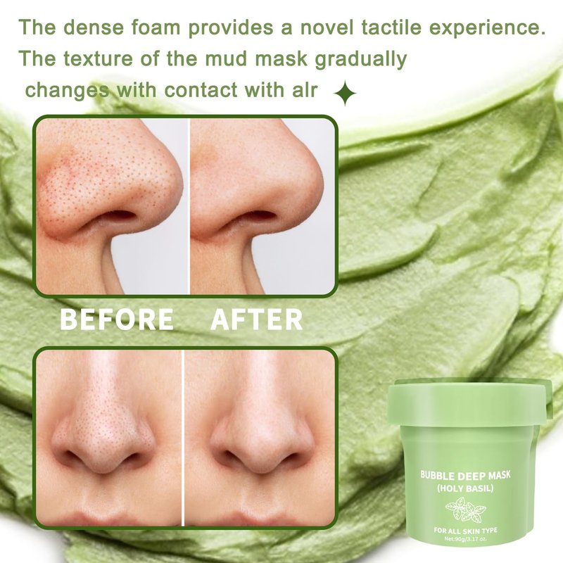 ZYGCDZ Holy Basil Bubble Deep Cleansing Mask with Carbonated Water for Pore Cleansing & Blackhead Removal, Korean Clay Bubble Wash-Off Facial Pack, 90g / 3.17 oz (01)
