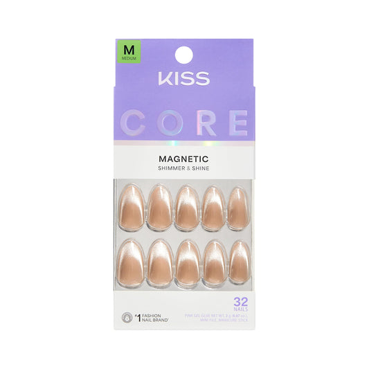 Kiss Core, Press On Nails, Nail glue included, 'Glistering', Red, Medium Size, Almond Shape, Includes 32 Nails, 2g Glue, 1 Manicure Stick, 1 Mini File