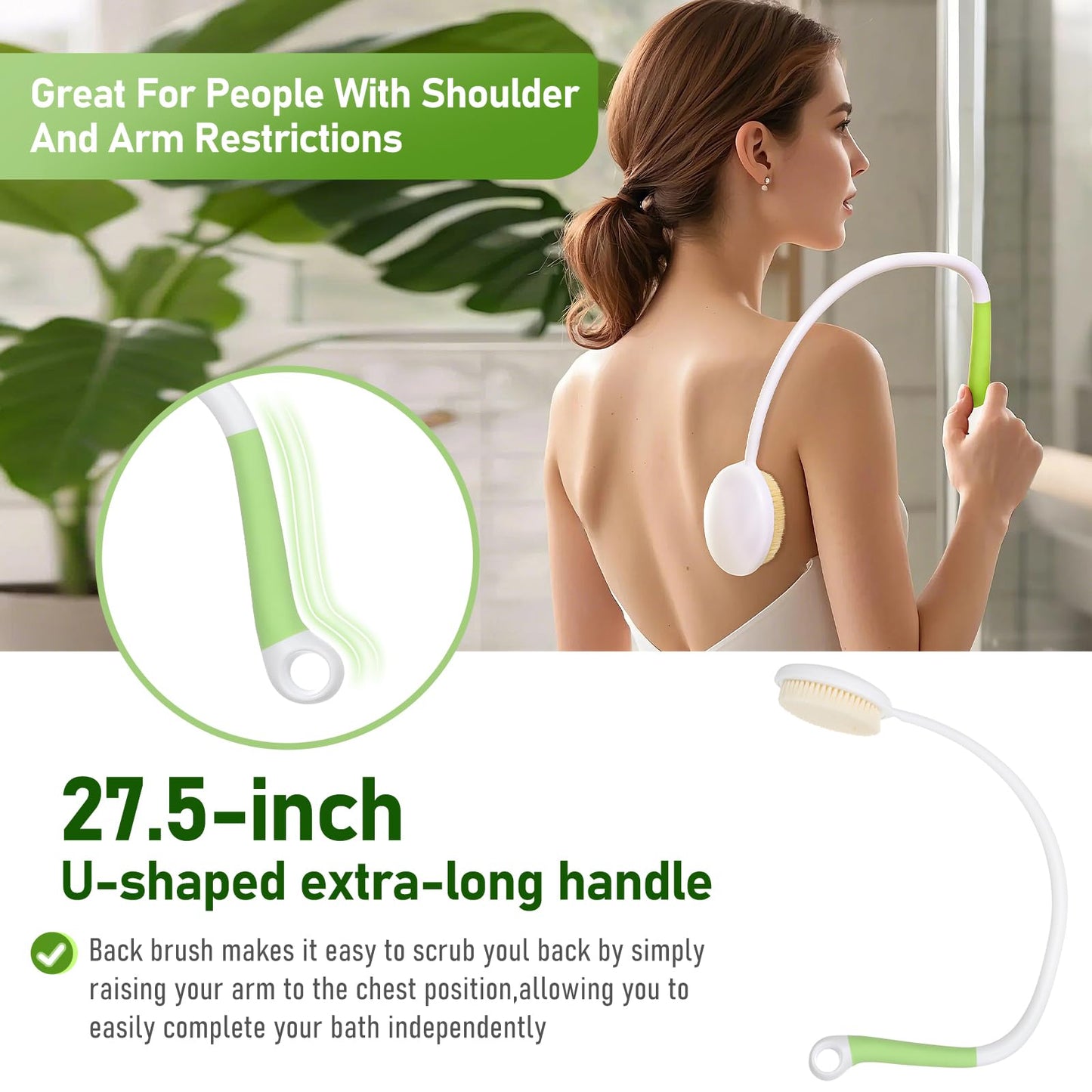 Fanwer 27.5” Back Bath Brush Long Handle for Shower and Silicone Body Scrubber, Shower Back Scrubber with Curved Handle for Elderly, Disabled, Limited Mobility, Post-Surgery, Frozen Shoulder