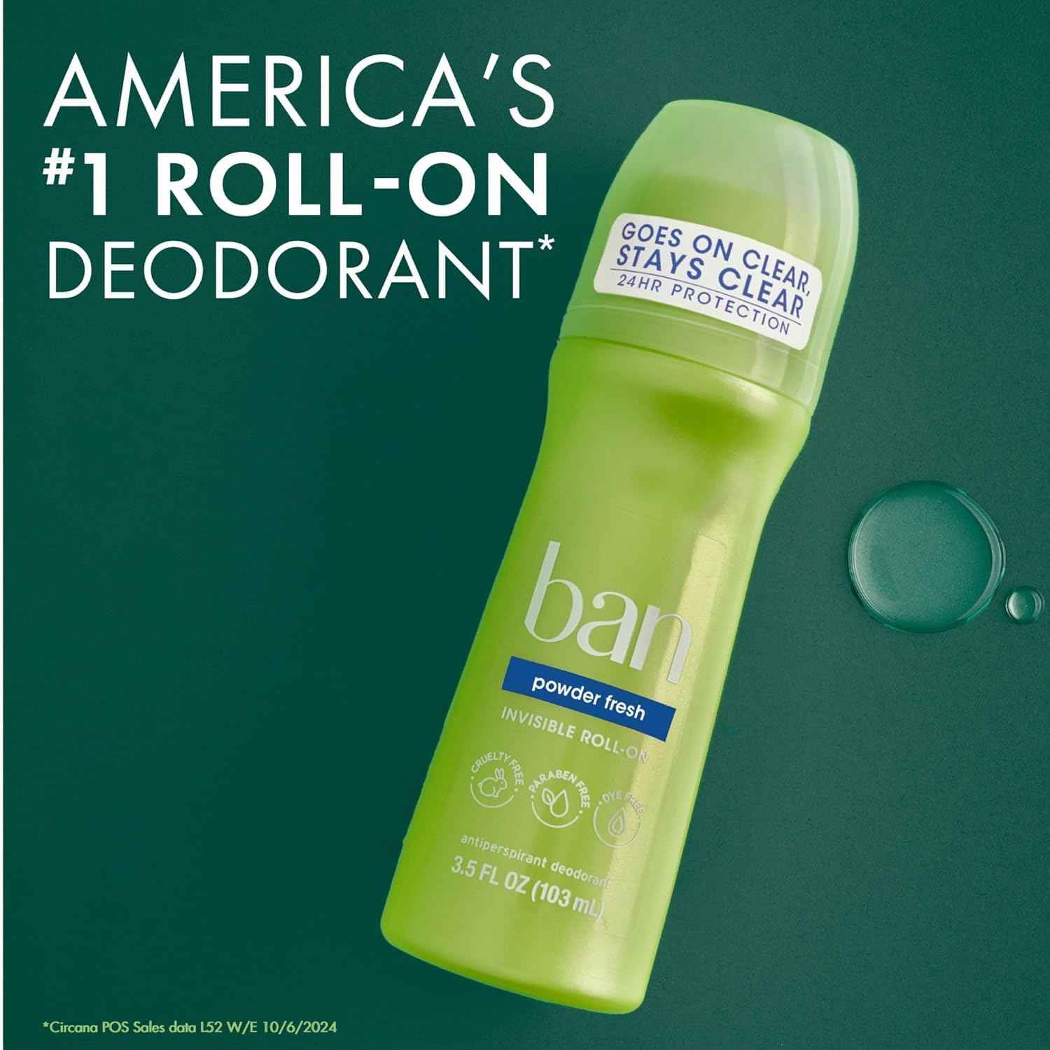 Ban Invisible Roll-on Antiperspirant Deodorant for Women and Men, 24-hour Underarm Odor & Sweat Protection, Powder Fresh, 3.5 Oz, Pack of 4