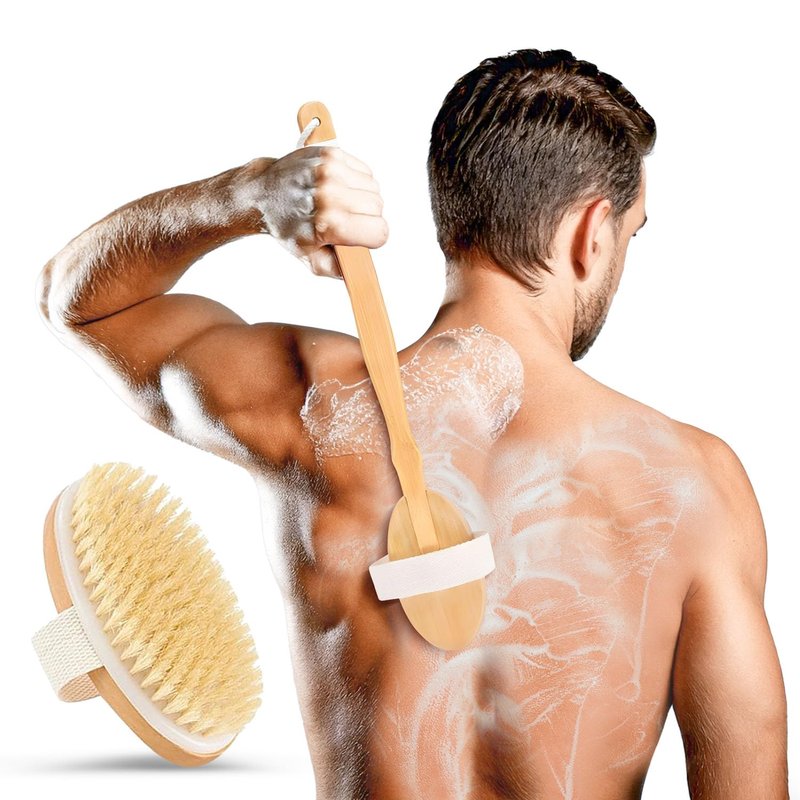 Back Scrubber for Shower - 20" Long Handle Shower Brush - Natural Bristle Back Brush – Ergonomic Handle + Silicone Anti-Slip Grip - Great Gift Idea - Men, Women + Seniors Love This (Firm Bristles)